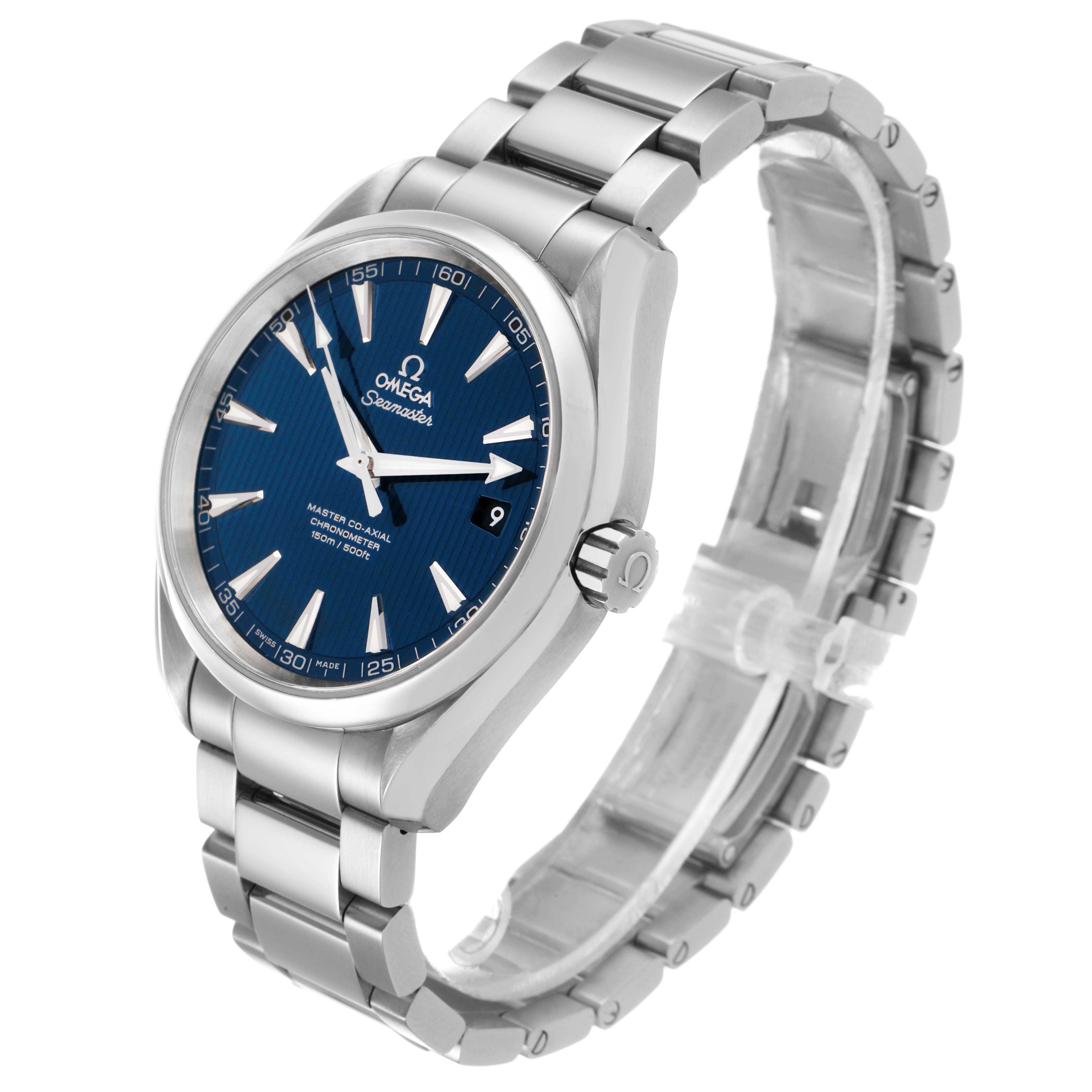 The Omega Aqua Terra 231.10.42.21.03.003 Men's Stainless Steel Blue Dial watch is shown at a three-quarter angle, displaying the face, bracelet, and side, including the crown.