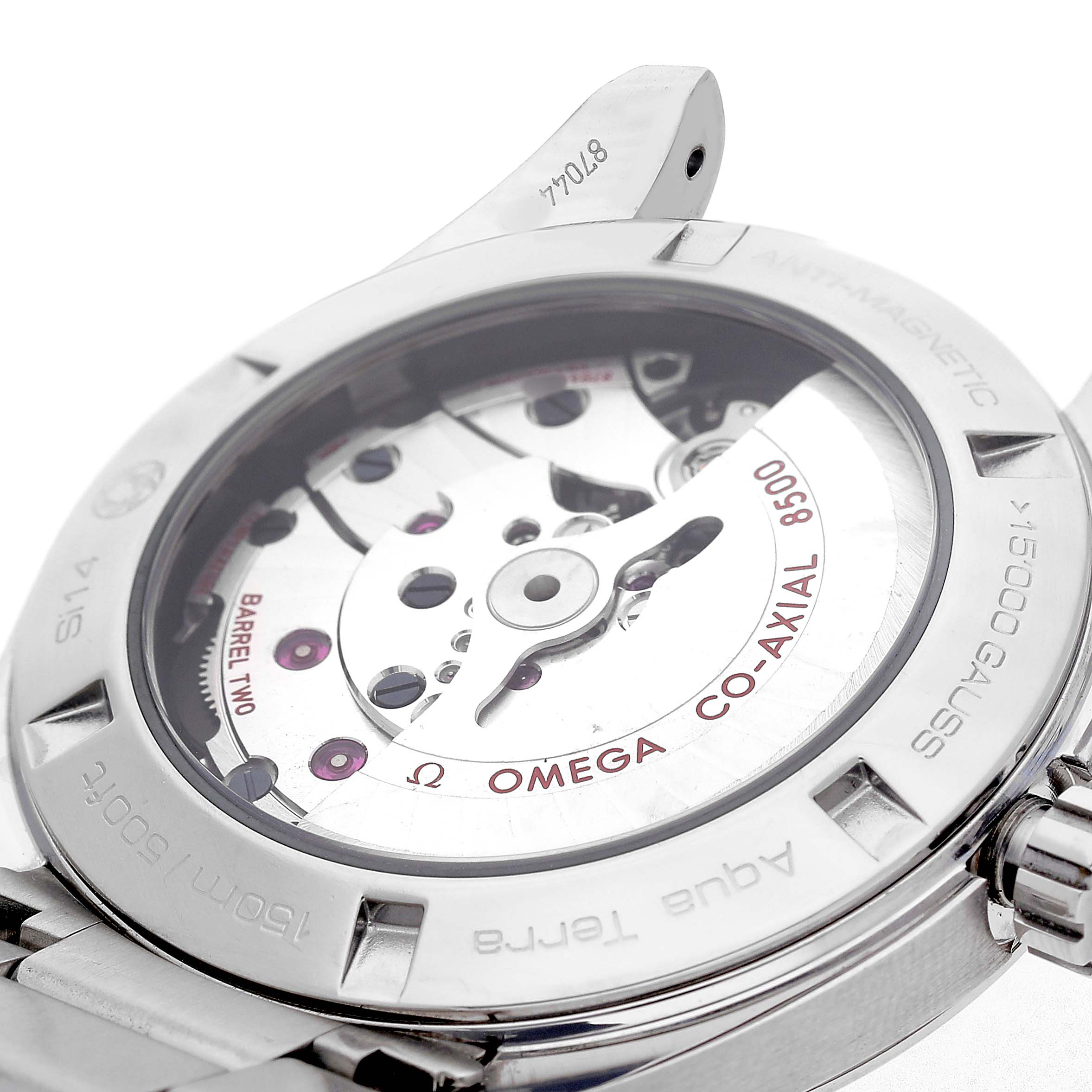 The image shows the back of the Omega Aqua Terra 231.10.42.21.03.003 Men's Stainless Steel Blue Dial watch, highlighting the Co-Axial 8500 movement and antimagnetic features.