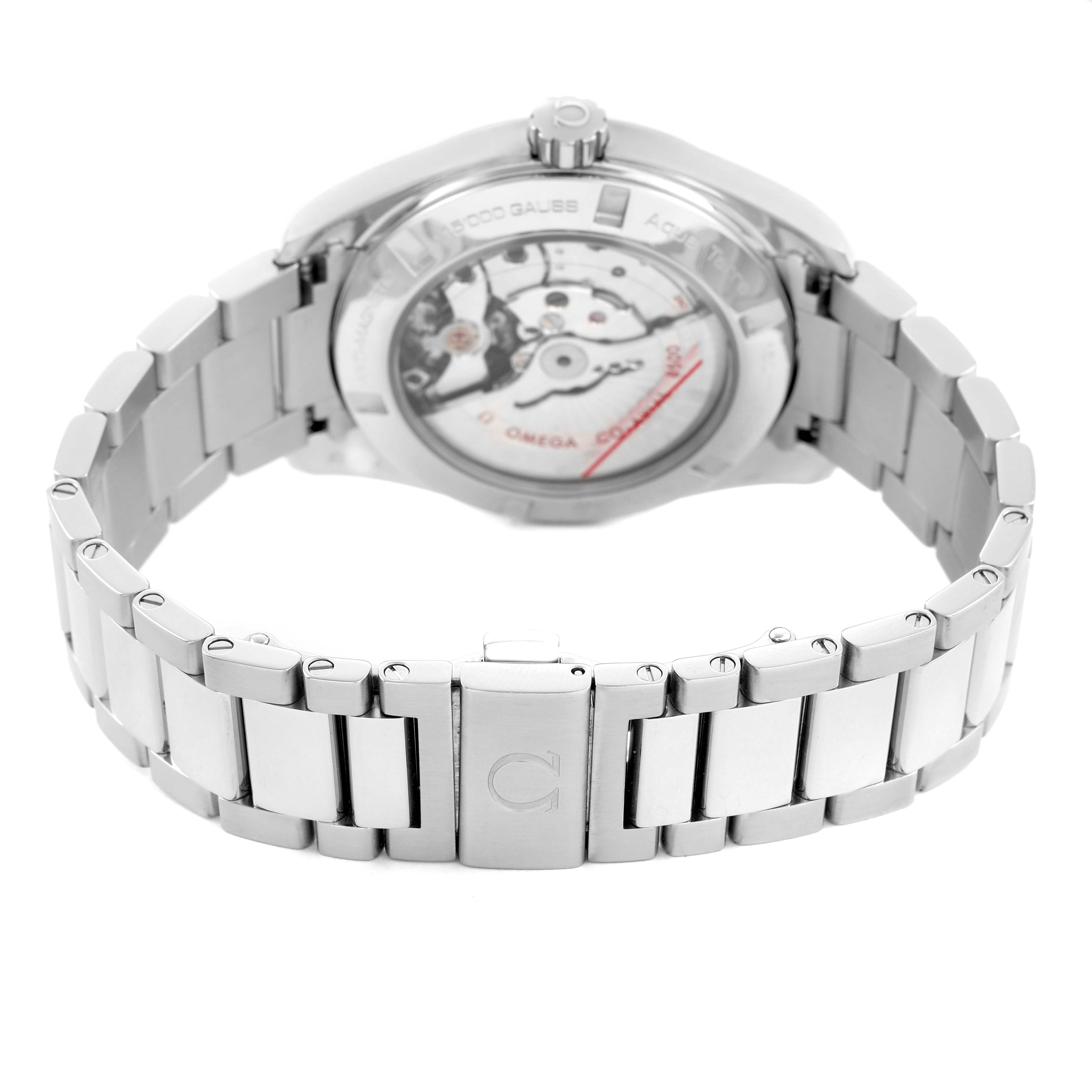 The Omega Aqua Terra 231.10.42.21.03.003 Men's Stainless Steel Blue Dial watch is shown from the back, highlighting its open case back and metal bracelet.