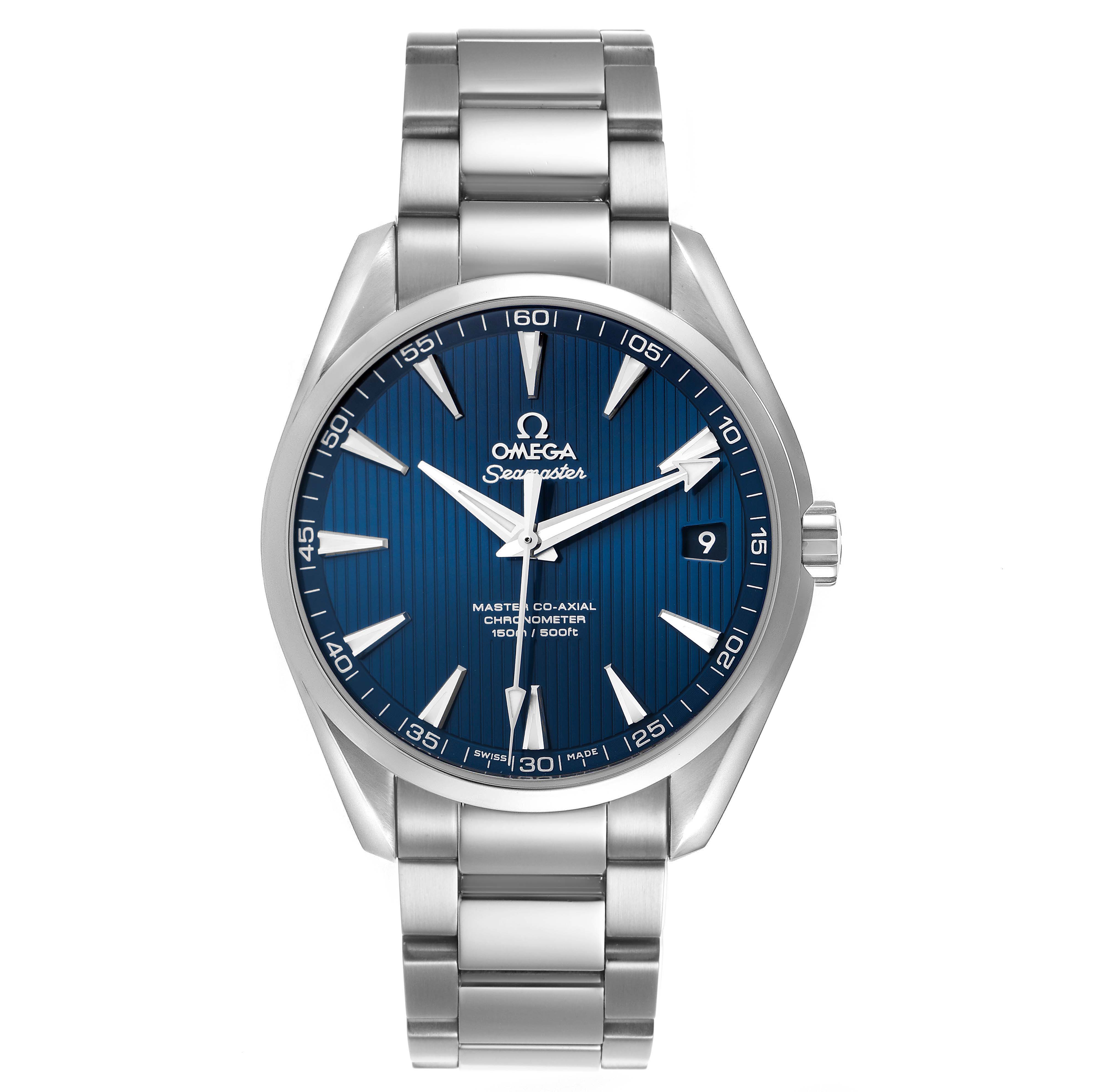 The Omega Aqua Terra 231.10.42.21.03.003 Men's Stainless Steel Blue Dial watch is shown from a front angle, displaying its blue dial, hour markers, hands, and bracelet.