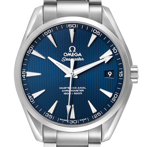 The Omega Aqua Terra 231.10.42.21.03.003 Men's Stainless Steel Blue Dial watch is shown from the front, highlighting the blue dial, hour markers, hands, brand name, and model details.