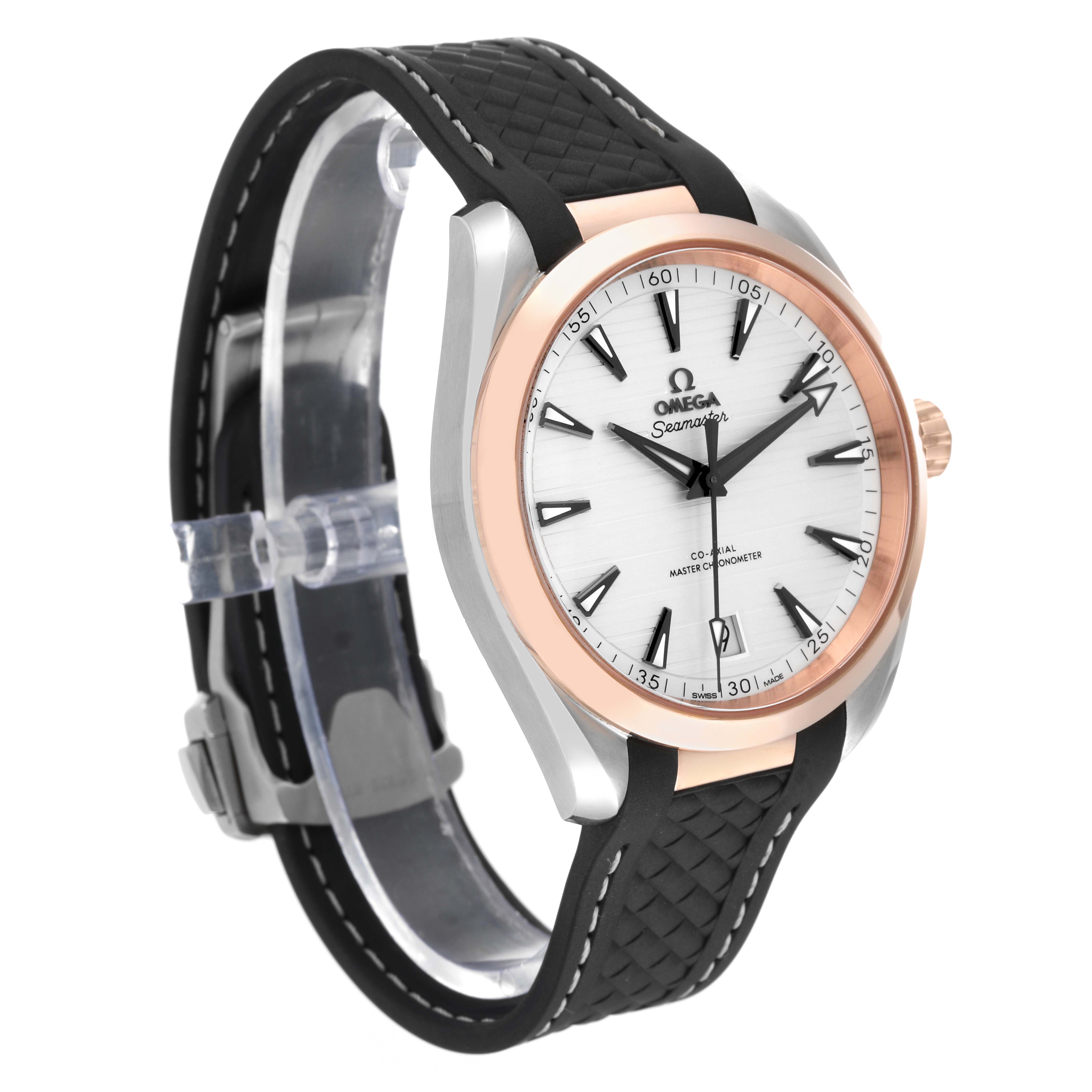 This Omega Aqua Terra 220.22.41.21.02.001 Men's Steel and Gold (two tone) Silver Dial 220.22.41.21.02.001 Men's Steel and Gold (two tone) Silver Dial watch is shown from an angled side view, highlighting the face, dial, bezel, and black strap.