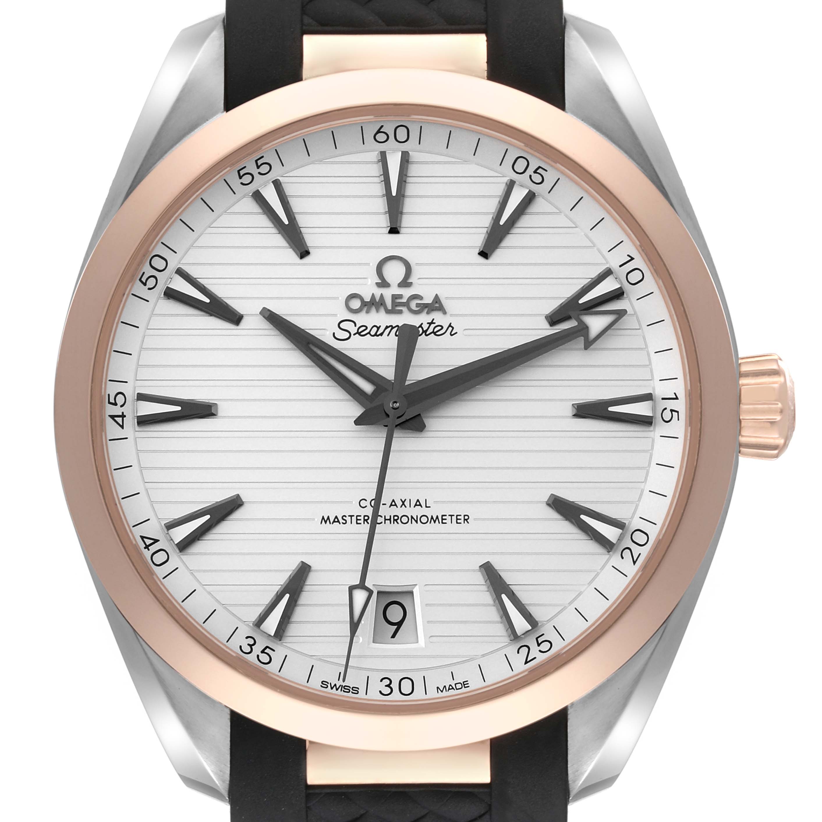 This image shows a front view of an Omega Aqua Terra 220.22.41.21.02.001 Men's Steel and Gold (two tone) Silver Dial 220.22.41.21.02.001 Men's Steel and Gold (two tone) Silver Dial watch, highlighting the face, bezel, crown, and part of the strap.