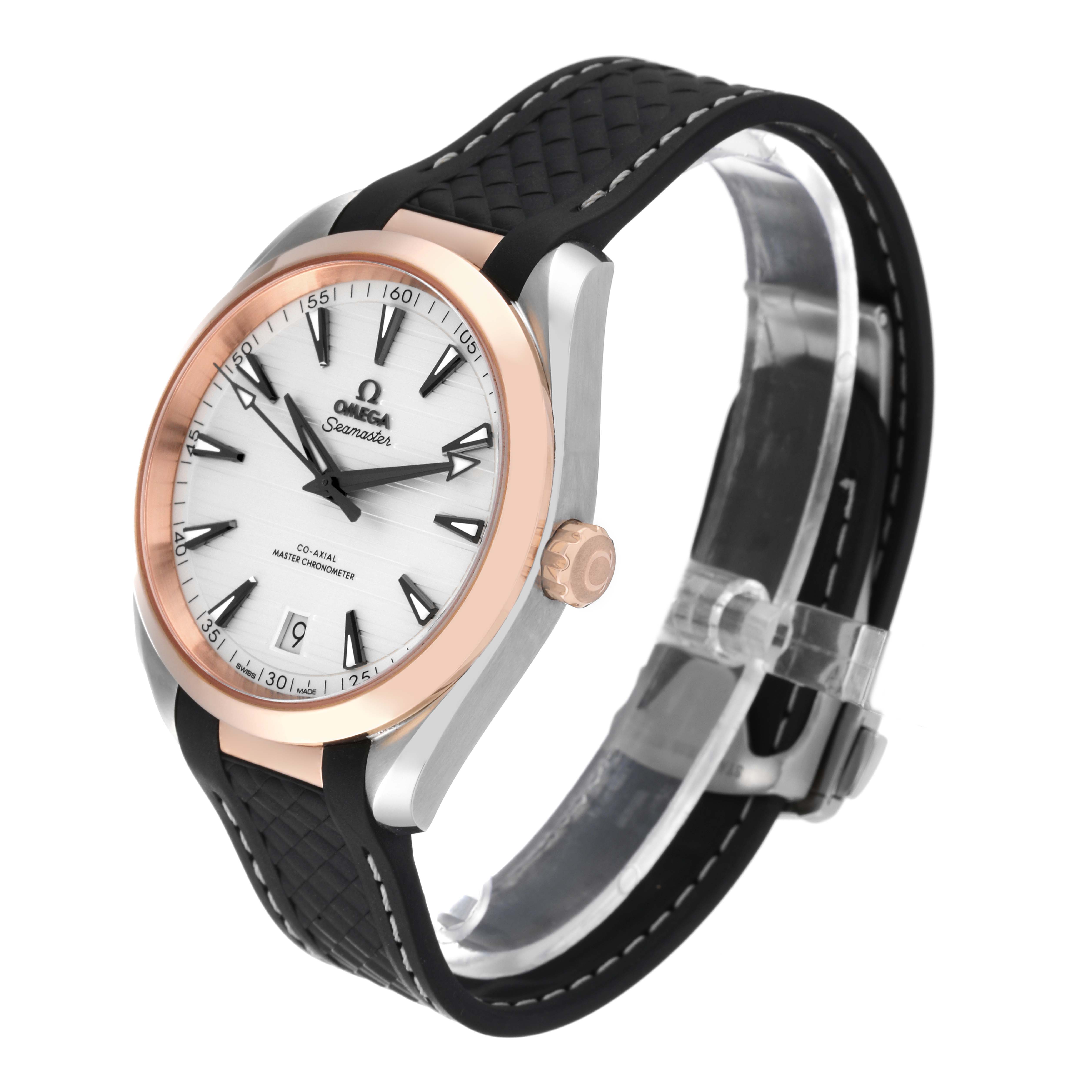 The Omega Aqua Terra 220.22.41.21.02.001 Men's Steel and Gold (two tone) Silver Dial 220.22.41.21.02.001 Men's Steel and Gold (two tone) Silver Dial watch is shown at a three-quarter angle, highlighting the face, bezel, crown, and the black textured strap.