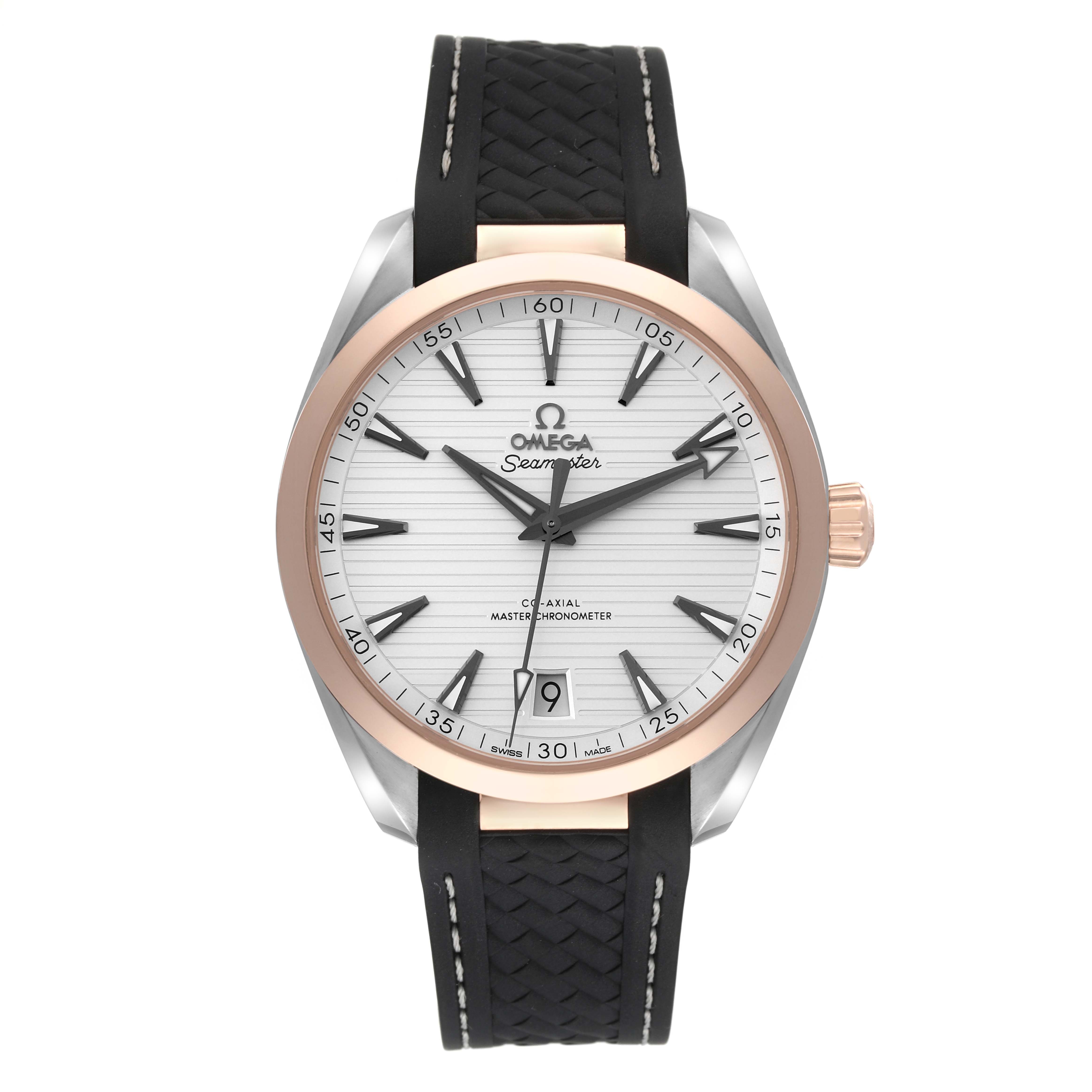 The Omega Aqua Terra 220.22.41.21.02.001 Men's Steel and Gold (two tone) Silver Dial 220.22.41.21.02.001 Men's Steel and Gold (two tone) Silver Dial watch is shown from a front angle, displaying its face, bezel, and black strap.