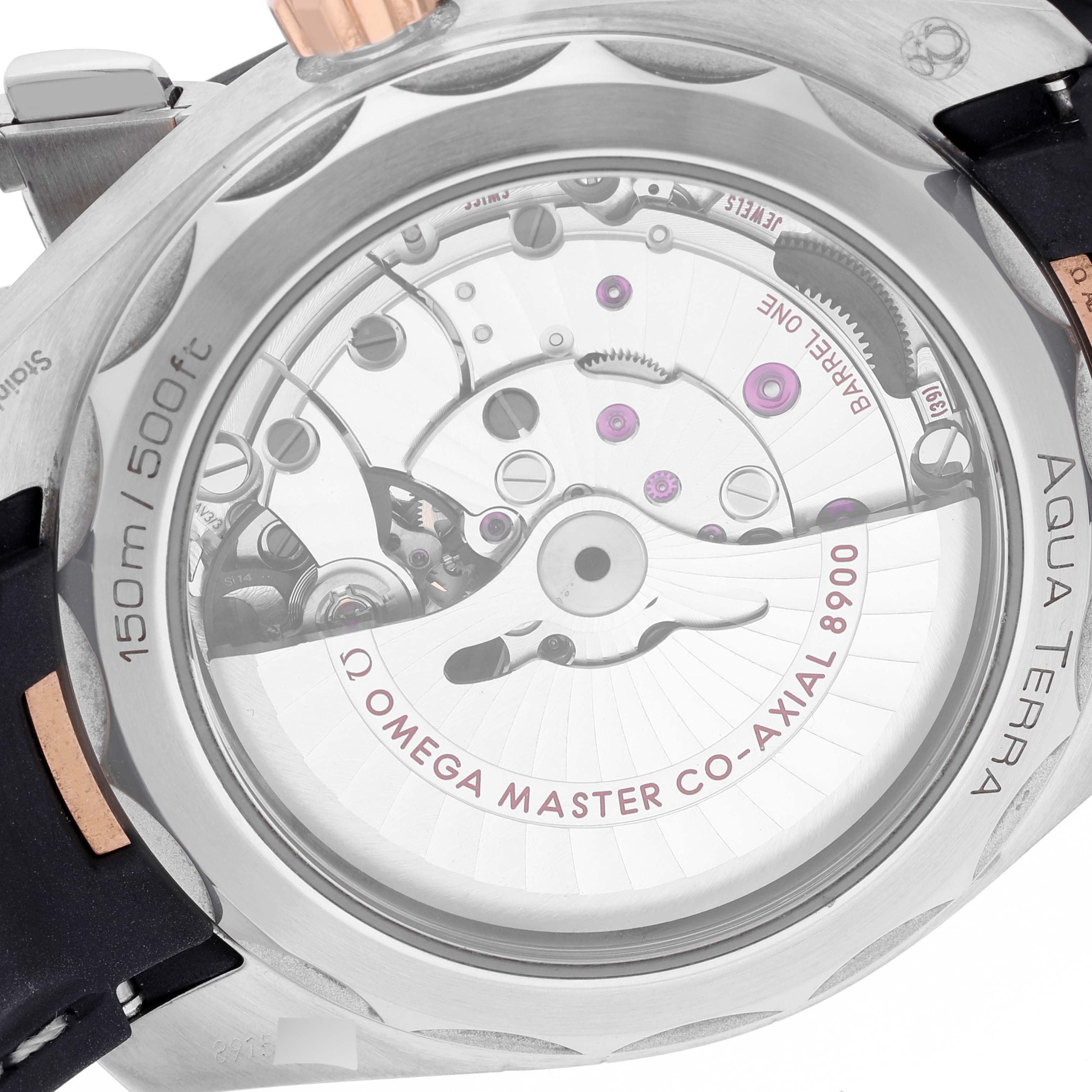 This image shows the back view of the Omega Aqua Terra 220.22.41.21.02.001 Men's Steel and Gold (two tone) Silver Dial 220.22.41.21.02.001 Men's Steel and Gold (two tone) Silver Dial watch, revealing the movement and inner mechanics.