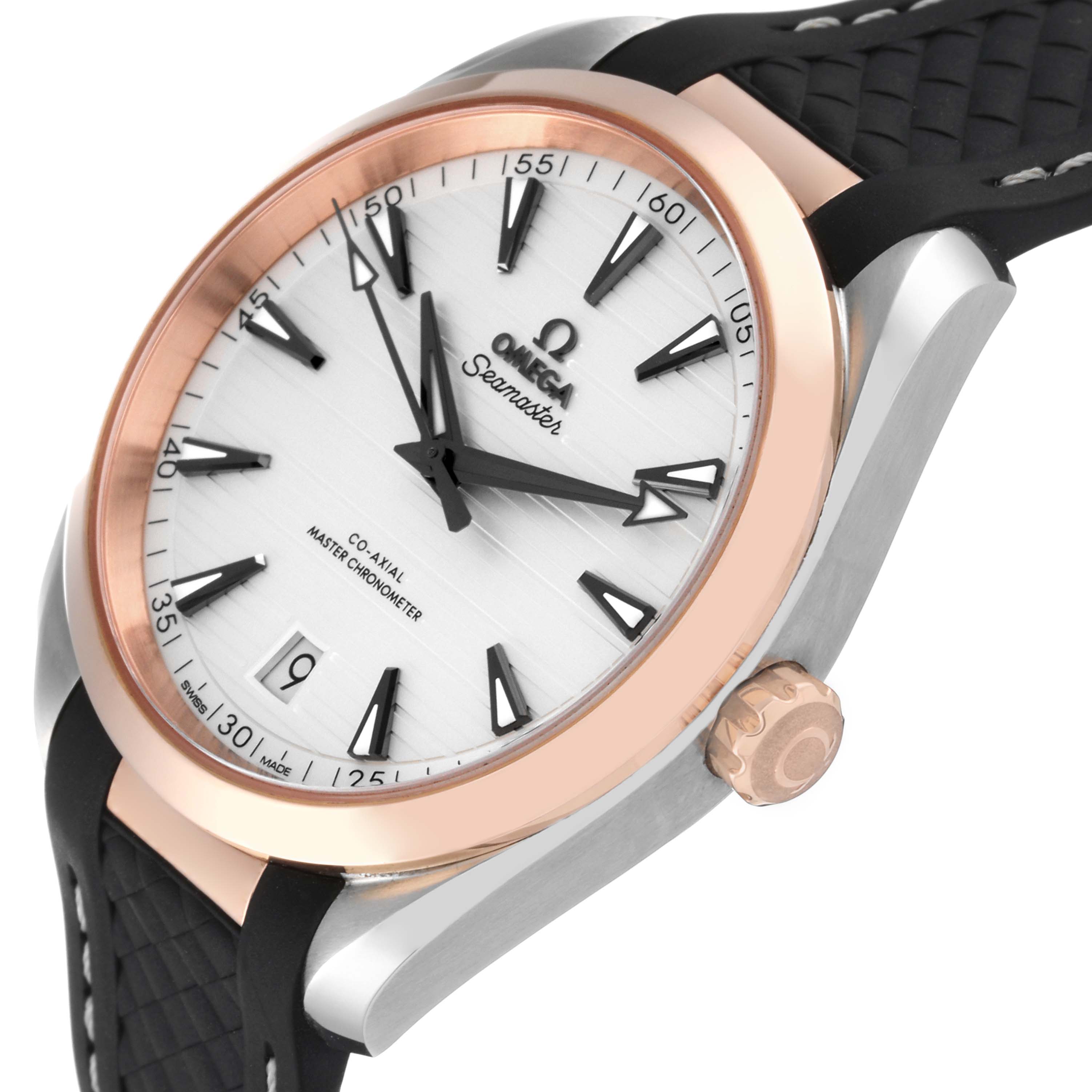 The image shows an angled view of the Omega Aqua Terra 220.22.41.21.02.001 Men's Steel and Gold (two tone) Silver Dial 220.22.41.21.02.001 Men's Steel and Gold (two tone) Silver Dial watch, highlighting the face, bezel, and crown.