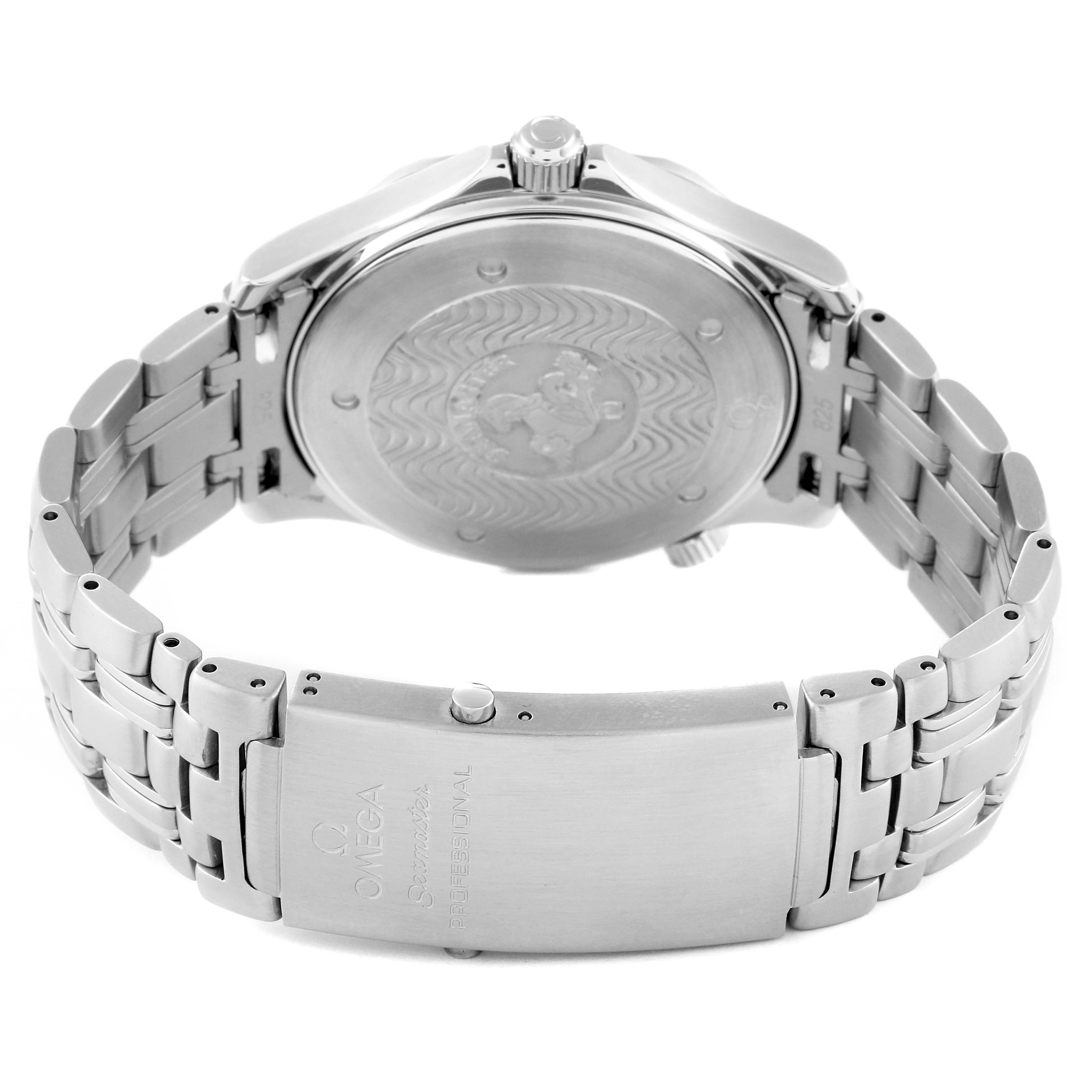 This image shows the back view of the Omega Seamaster 2541.80.00 Men's Stainless Steel Blue Dial 2541.80.00 Men's Stainless Steel Blue Dial watch, highlighting its case back and metal bracelet with deployment clasp.