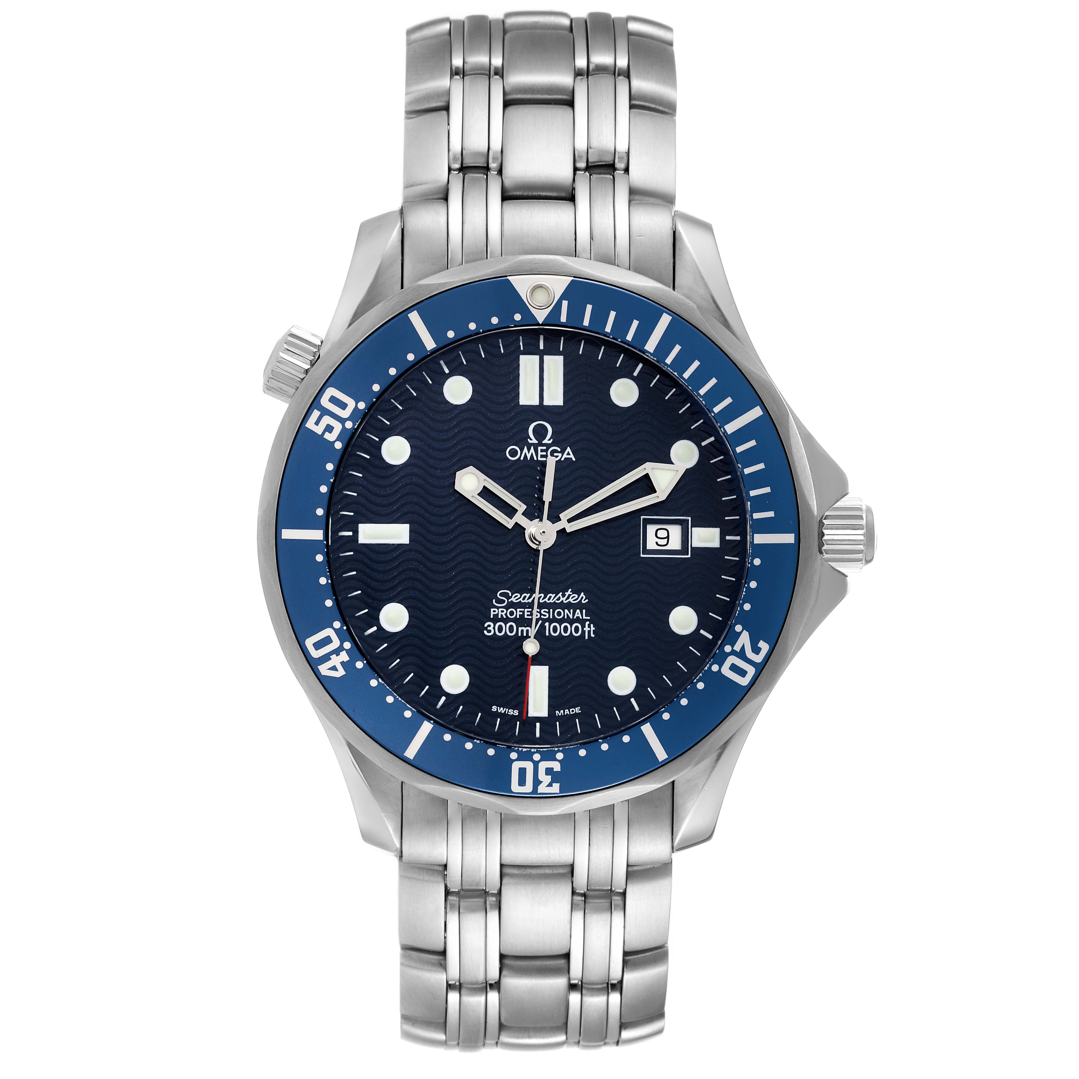 The image shows a front view of the Omega Seamaster 2541.80.00 Men's Stainless Steel Blue Dial 2541.80.00 Men's Stainless Steel Blue Dial watch, highlighting the face, bezel, bracelet, and crown.