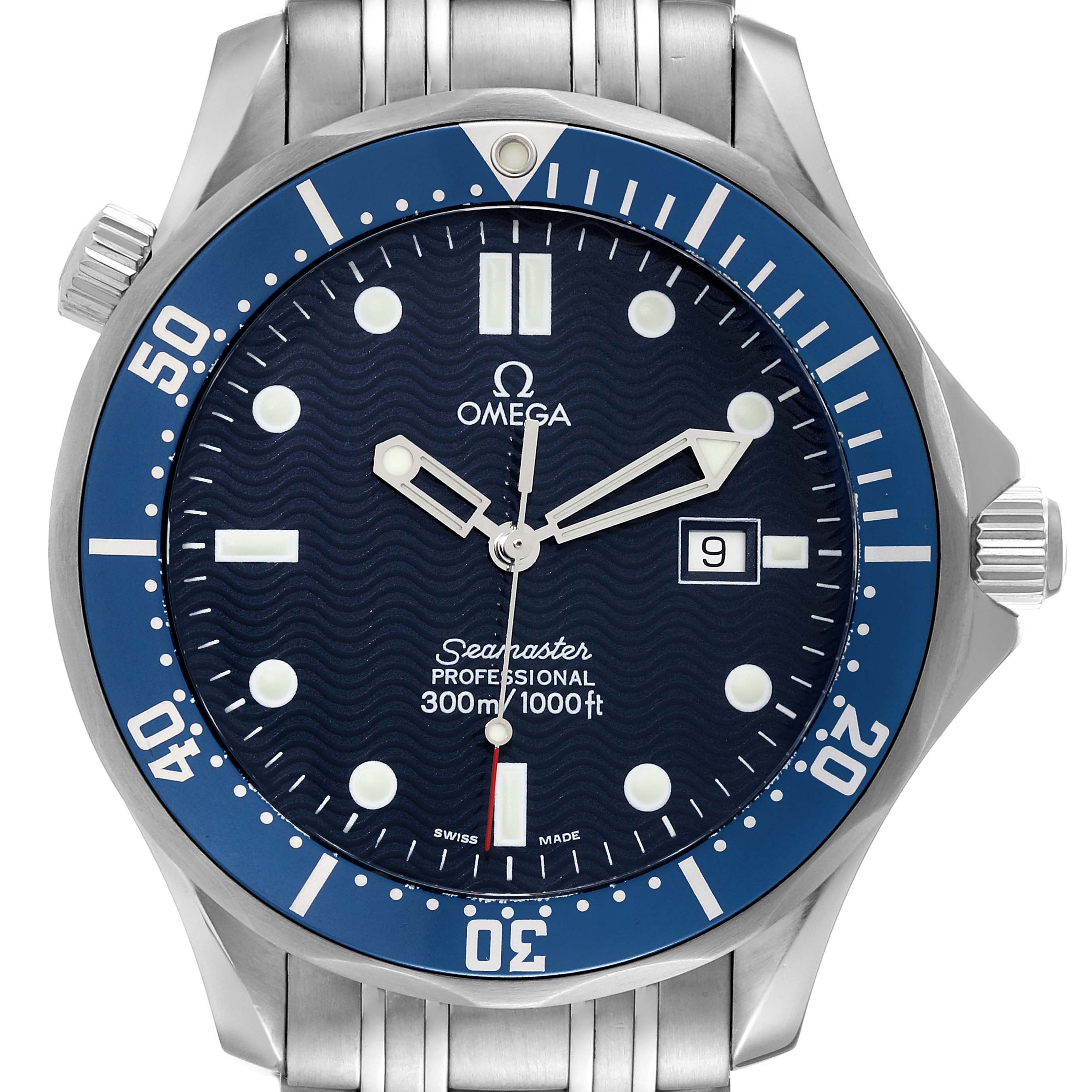 This image shows the front face of the Omega Seamaster 2541.80.00 Men's Stainless Steel Blue Dial 2541.80.00 Men's Stainless Steel Blue Dial watch, featuring its hands, dial, bezel, crown, and bracelet attachment.