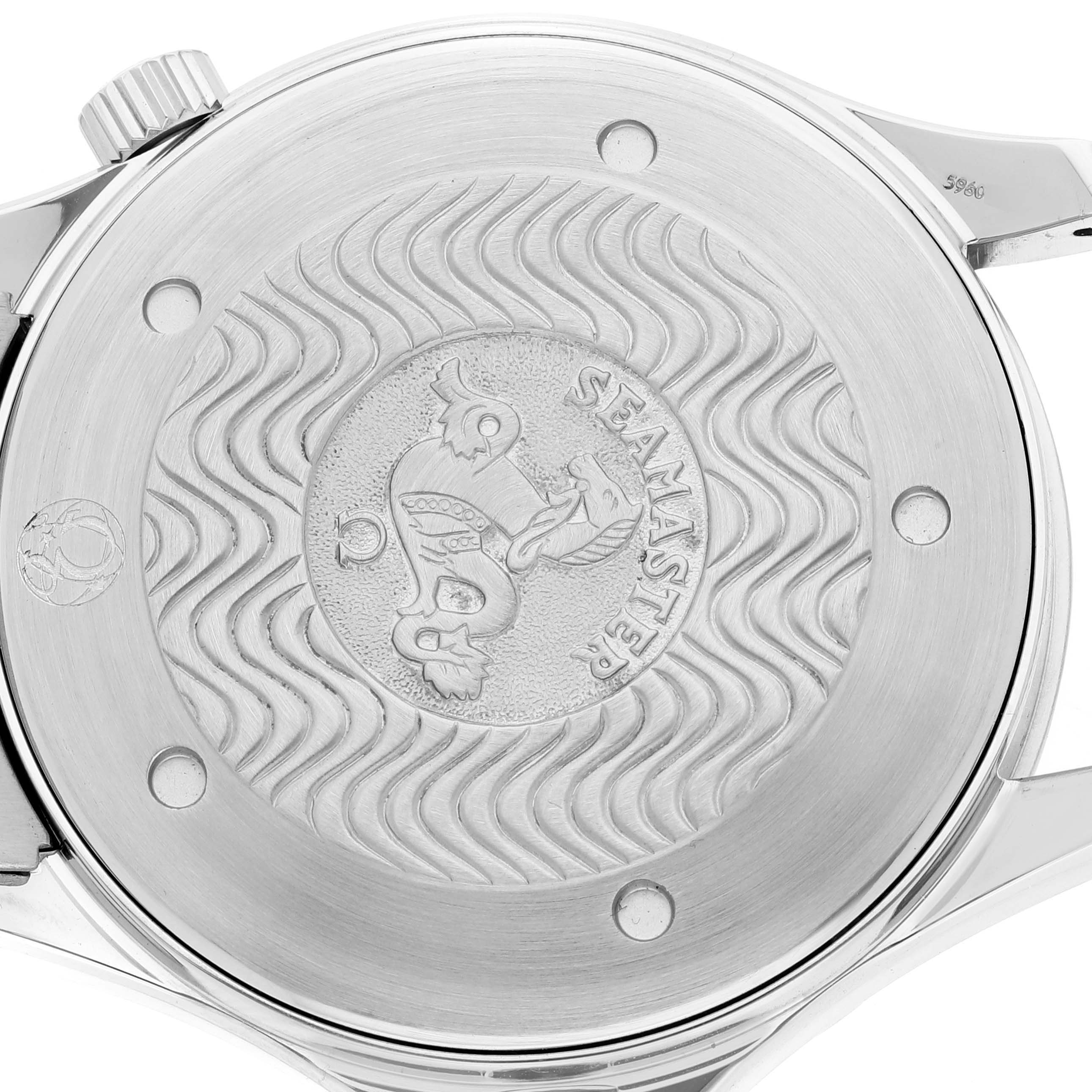 This image shows the back case of an Omega Seamaster 2541.80.00 Men's Stainless Steel Blue Dial 2541.80.00 Men's Stainless Steel Blue Dial watch with its distinctive engraved design.