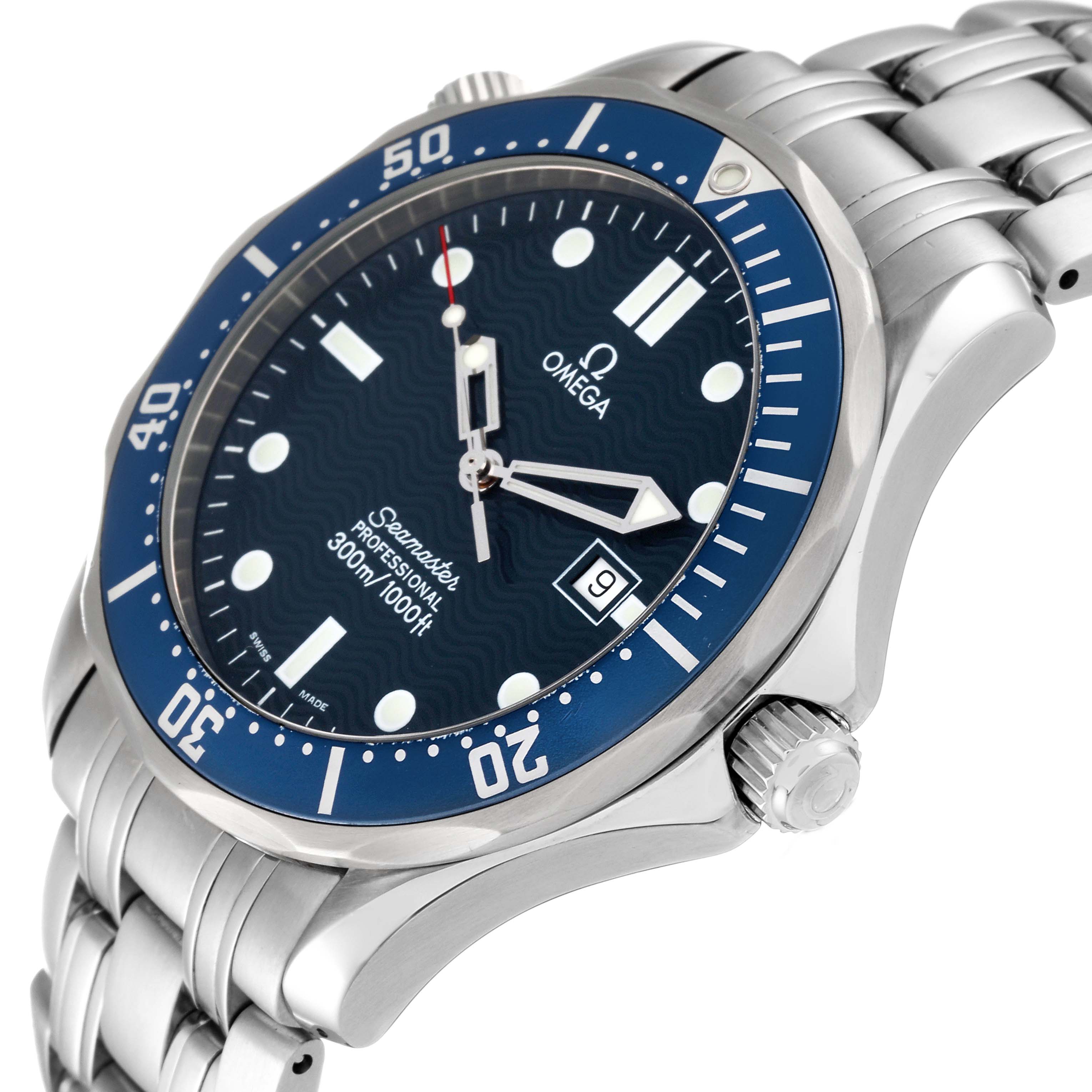 The image shows an angled view of an Omega Seamaster 2541.80.00 Men's Stainless Steel Blue Dial 2541.80.00 Men's Stainless Steel Blue Dial watch, highlighting the dial, bezel, crown, and bracelet.