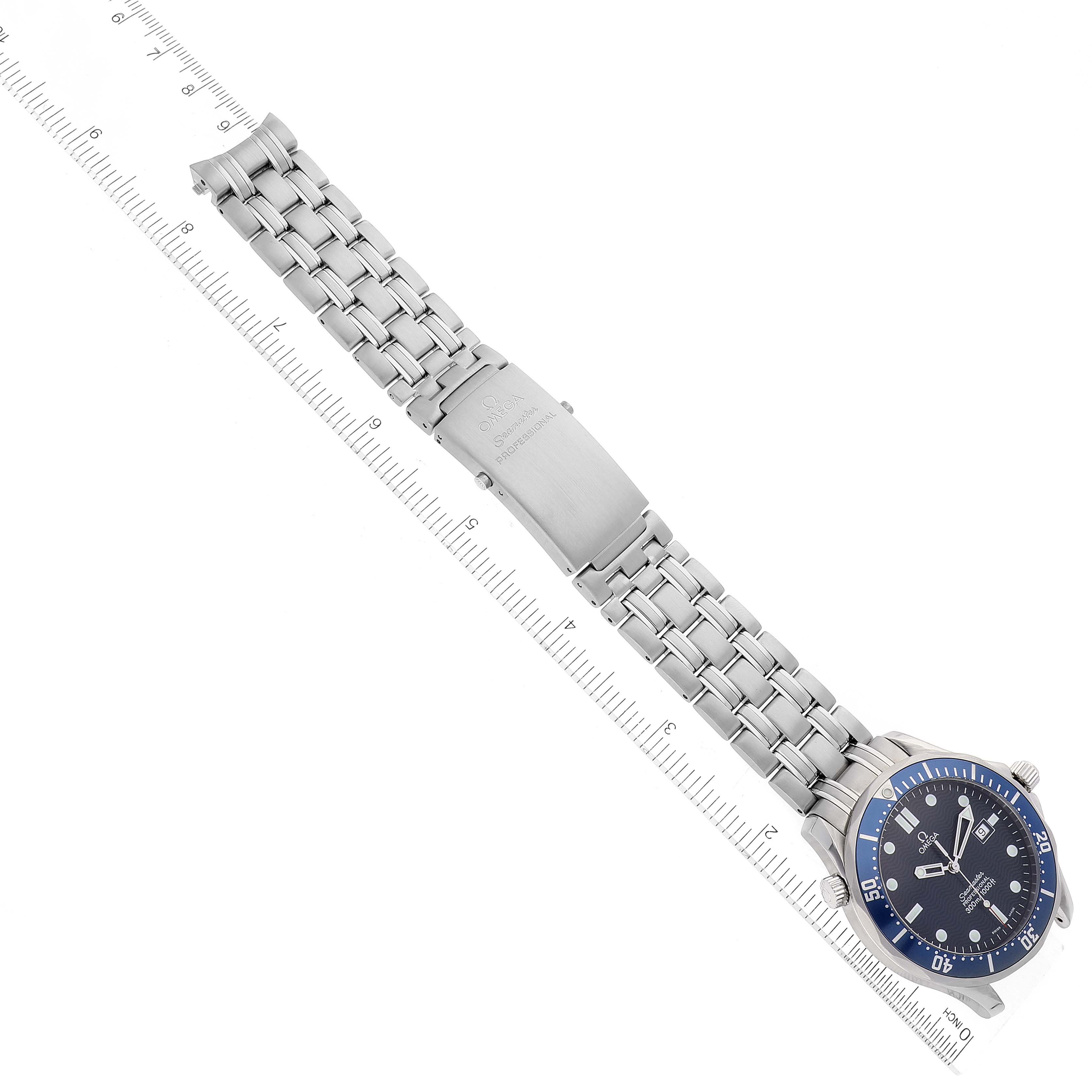 The Omega Seamaster 2541.80.00 Men's Stainless Steel Blue Dial 2541.80.00 Men's Stainless Steel Blue Dial watch is shown from above, displaying its face, bezel, and complete stainless steel bracelet with clasp.