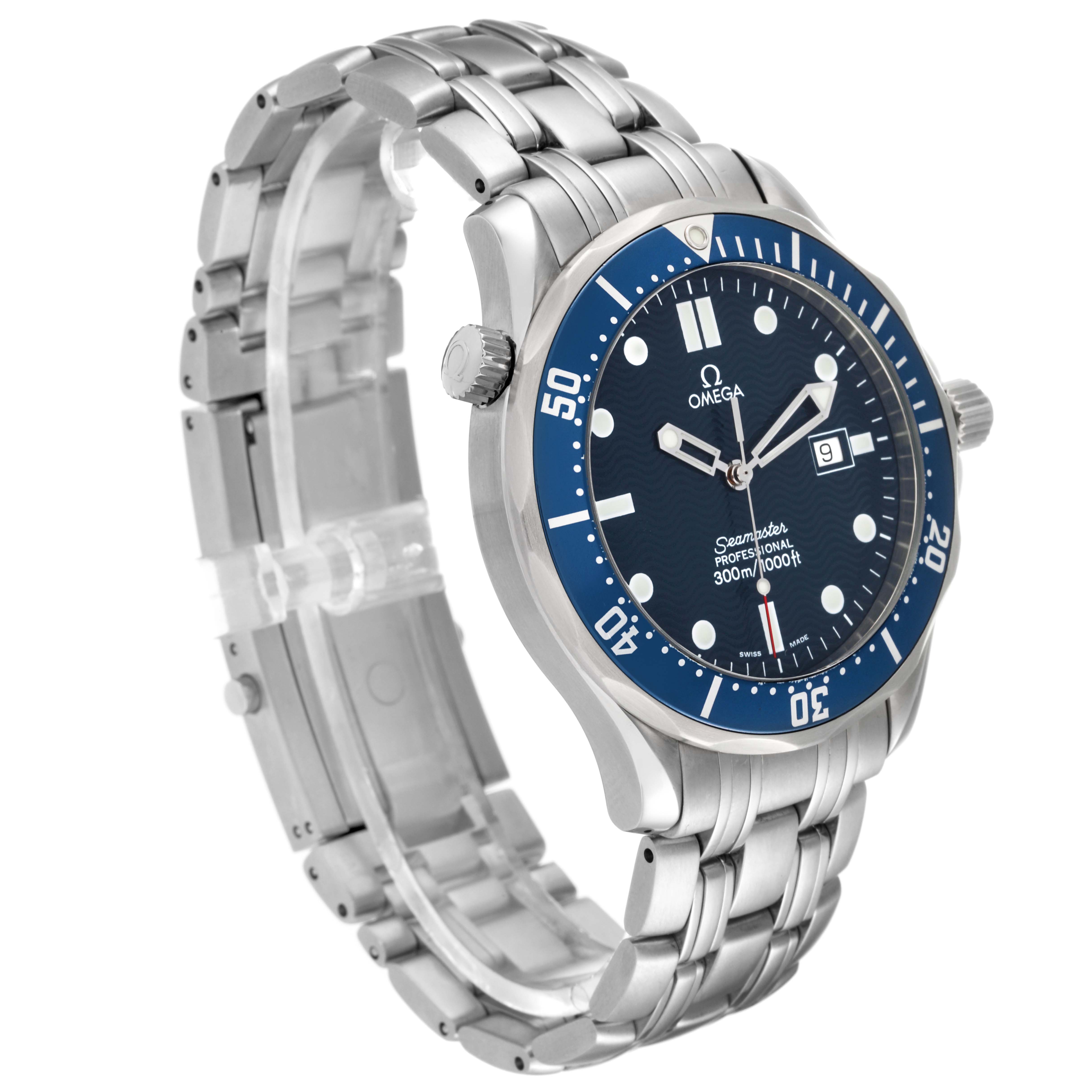 The Omega Seamaster 2541.80.00 Men's Stainless Steel Blue Dial 2541.80.00 Men's Stainless Steel Blue Dial watch is shown at a three-quarter angle, highlighting its blue dial, bezel, crown, and metal bracelet.