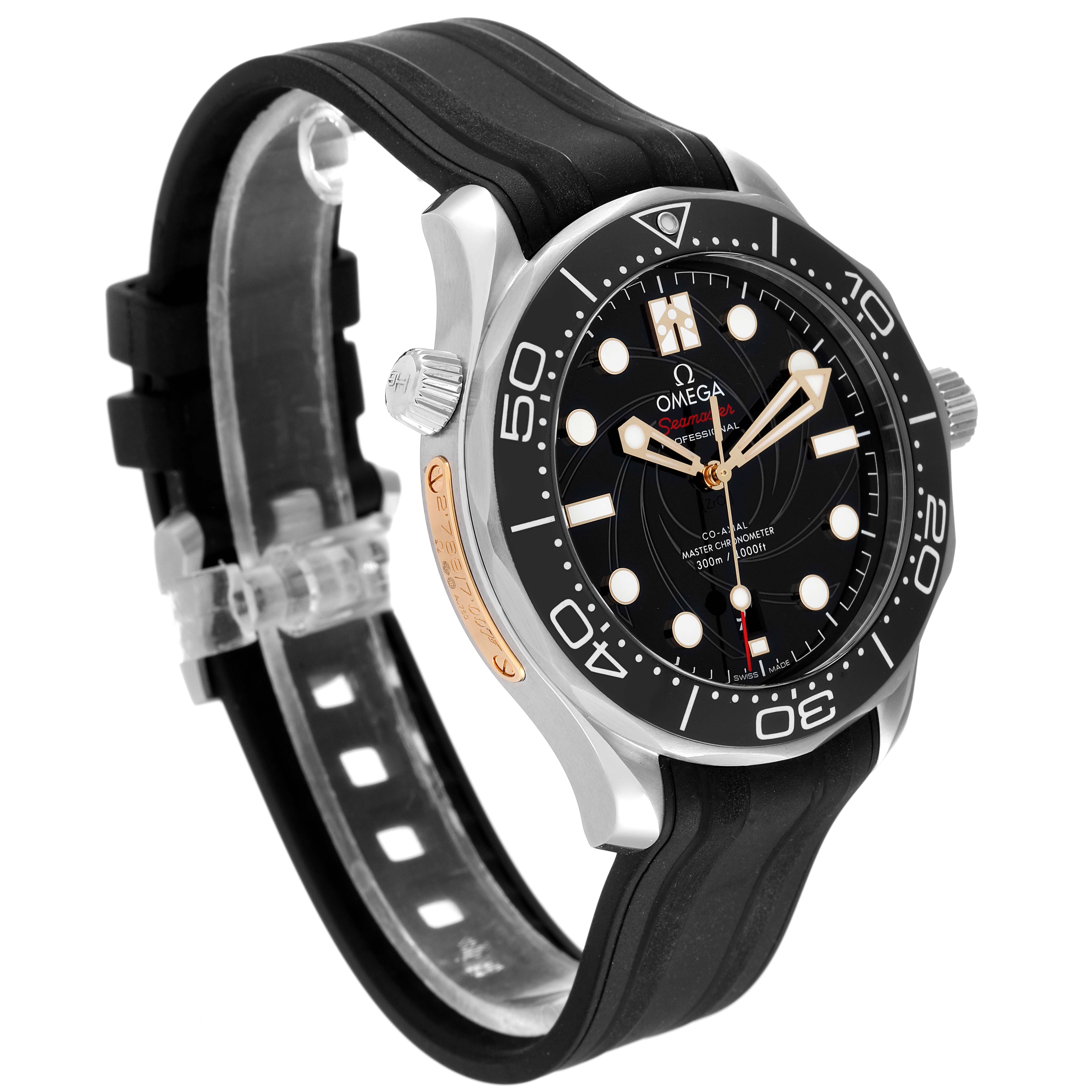 The Omega Seamaster 210.22.42.20.01.004 Men's Stainless Steel Black Dial 210.22.42.20.01.004 Men's Stainless Steel Black Dial watch is shown at an angled side view, highlighting the bezel, dial, and black rubber strap.