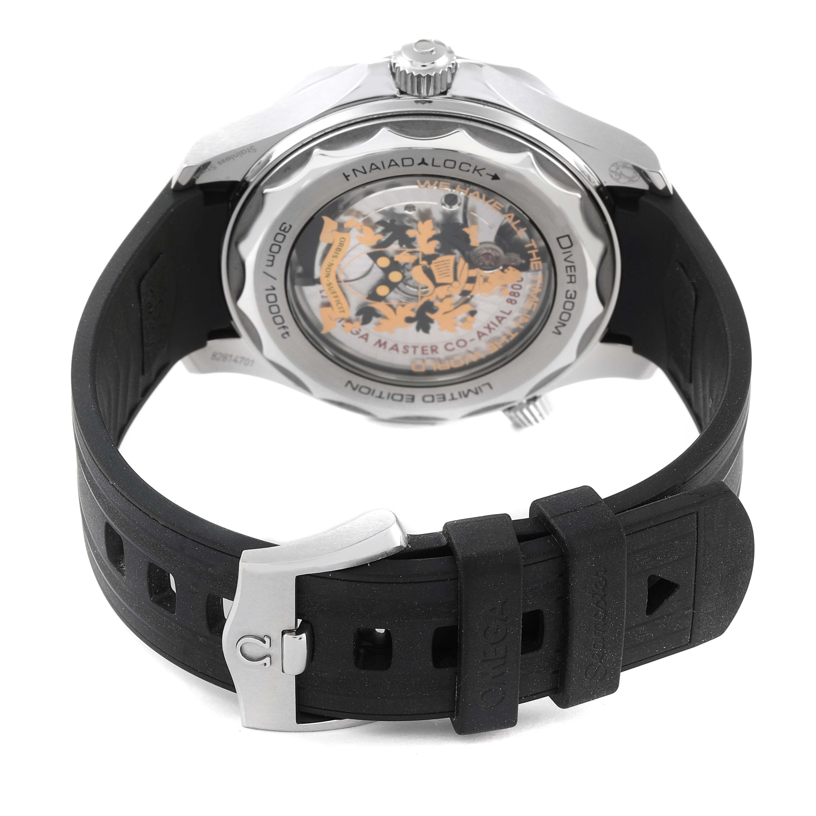 The image shows the back view of an Omega Seamaster 210.22.42.20.01.004 Men's Stainless Steel Black Dial 210.22.42.20.01.004 Men's Stainless Steel Black Dial watch, highlighting its open case back and rubber strap.