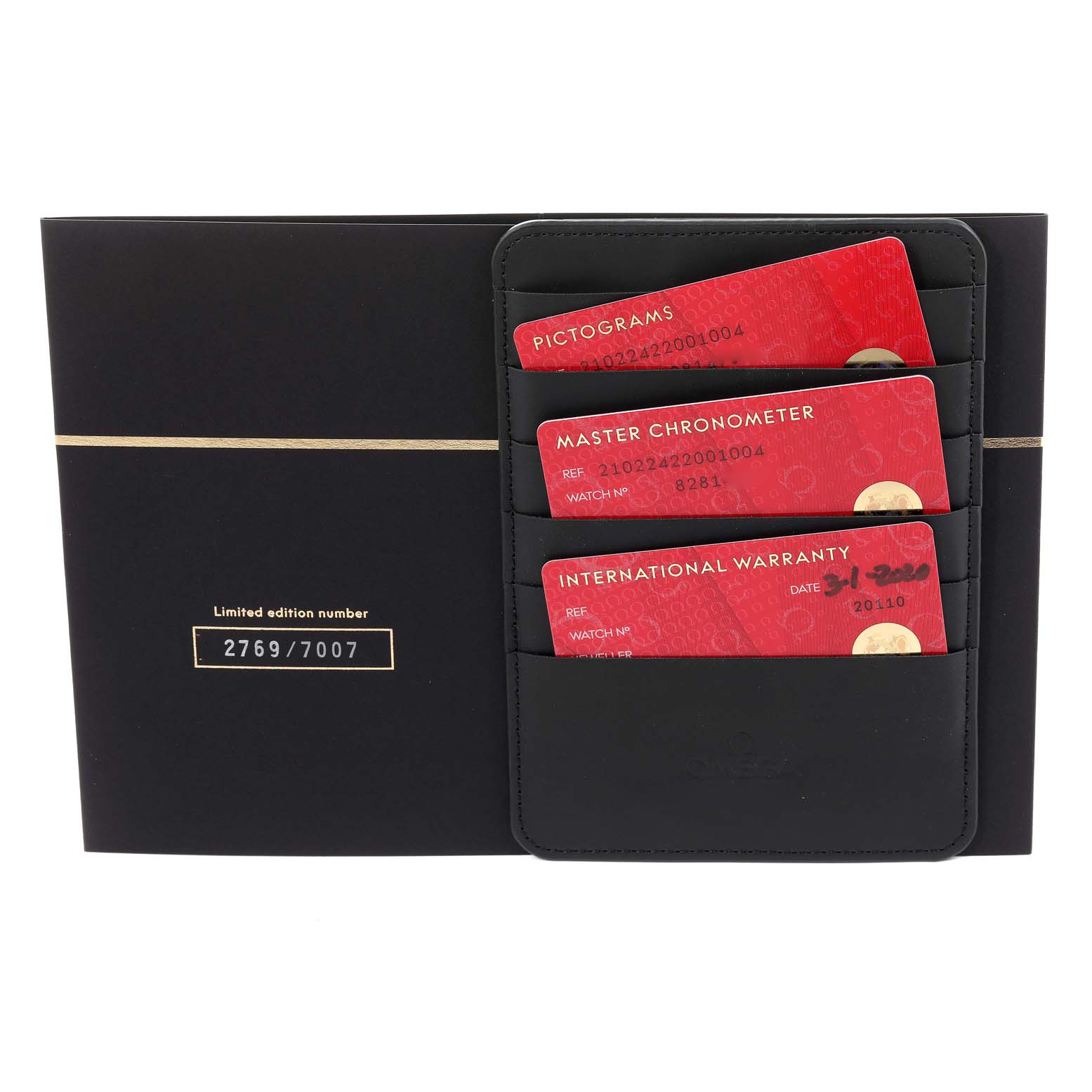 The image shows the warranty and certification cards of the Omega Seamaster 210.22.42.20.01.004 Men's Stainless Steel Black Dial 210.22.42.20.01.004 Men's Stainless Steel Black Dial, housed in a black card holder.