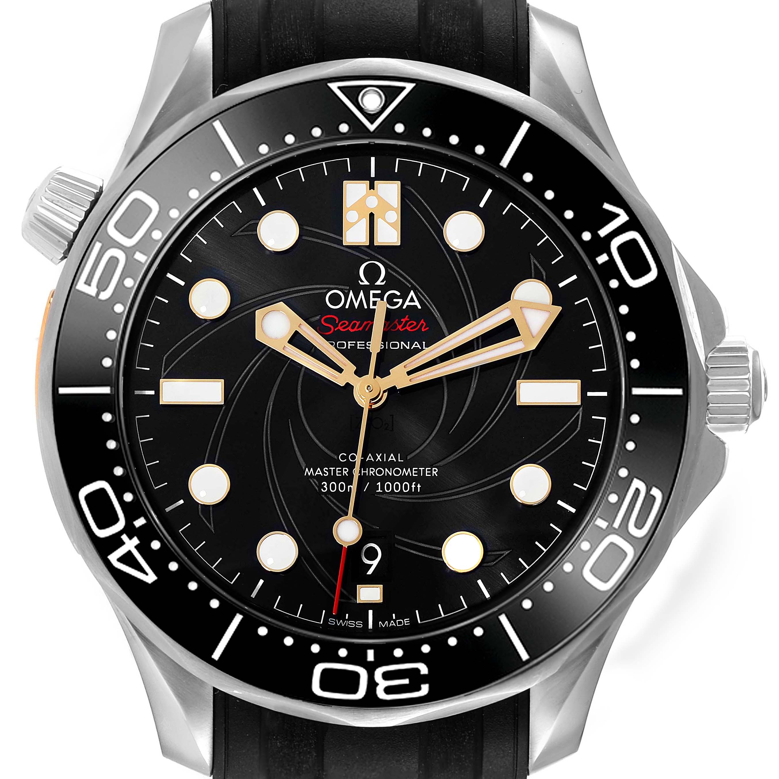The image shows a front view of an Omega Seamaster 210.22.42.20.01.004 Men's Stainless Steel Black Dial 210.22.42.20.01.004 Men's Stainless Steel Black Dial watch with its black dial, rotating bezel, and rubber strap.