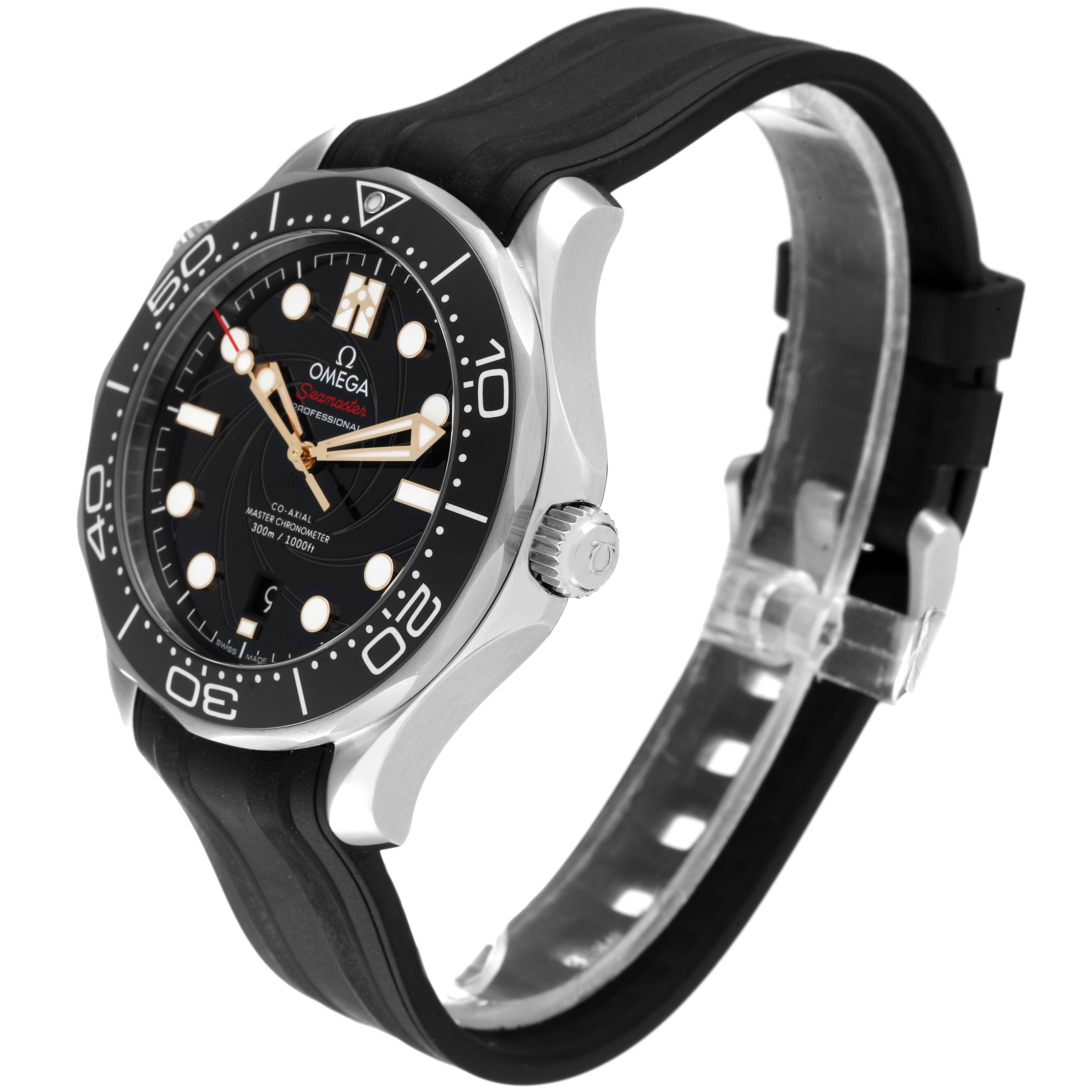 This image shows a side angle of the Omega Seamaster 210.22.42.20.01.004 Men's Stainless Steel Black Dial 210.22.42.20.01.004 Men's Stainless Steel Black Dial watch, including its black dial, bezel, crown, and rubber strap.