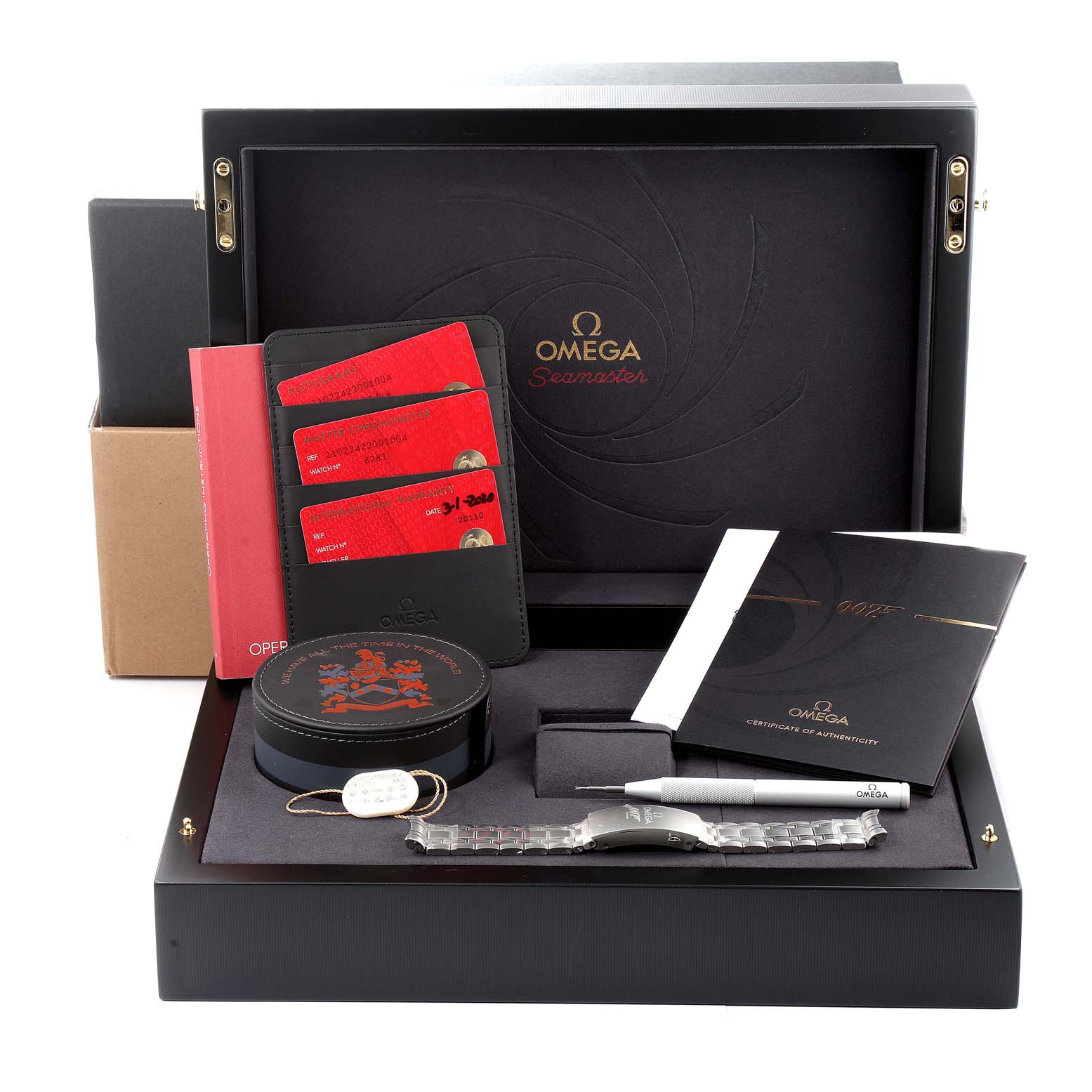 The Omega Seamaster 210.22.42.20.01.004 Men's Stainless Steel Black Dial 210.22.42.20.01.004 Men's Stainless Steel Black Dial watch and accessories are shown from an above angle, featuring cards, a manual, a tool, and packaging materials.