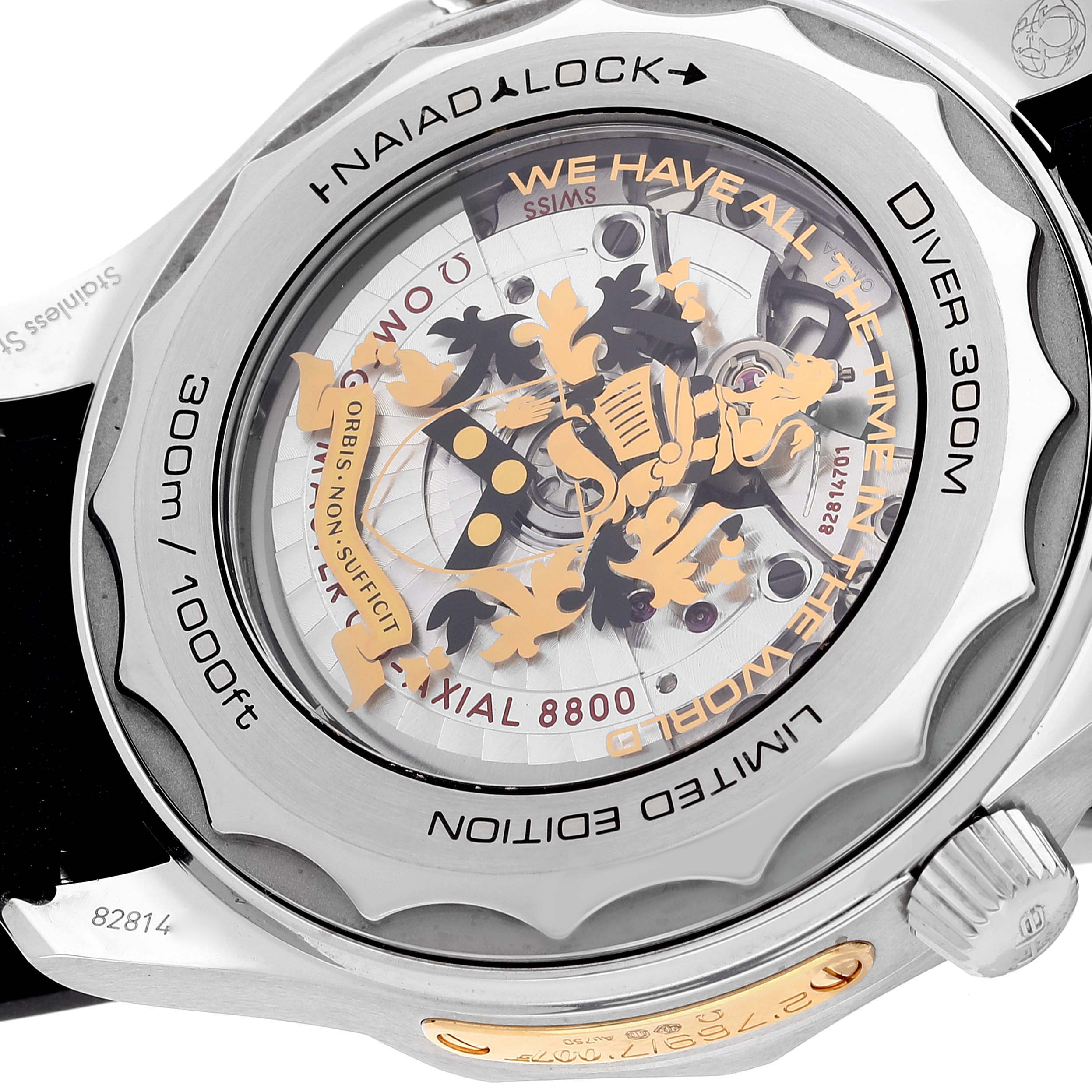 This image shows the case back of the Omega Seamaster 210.22.42.20.01.004 Men's Stainless Steel Black Dial 210.22.42.20.01.004 Men's Stainless Steel Black Dial Diver 300M Co-Axial with intricate engravings and text details.