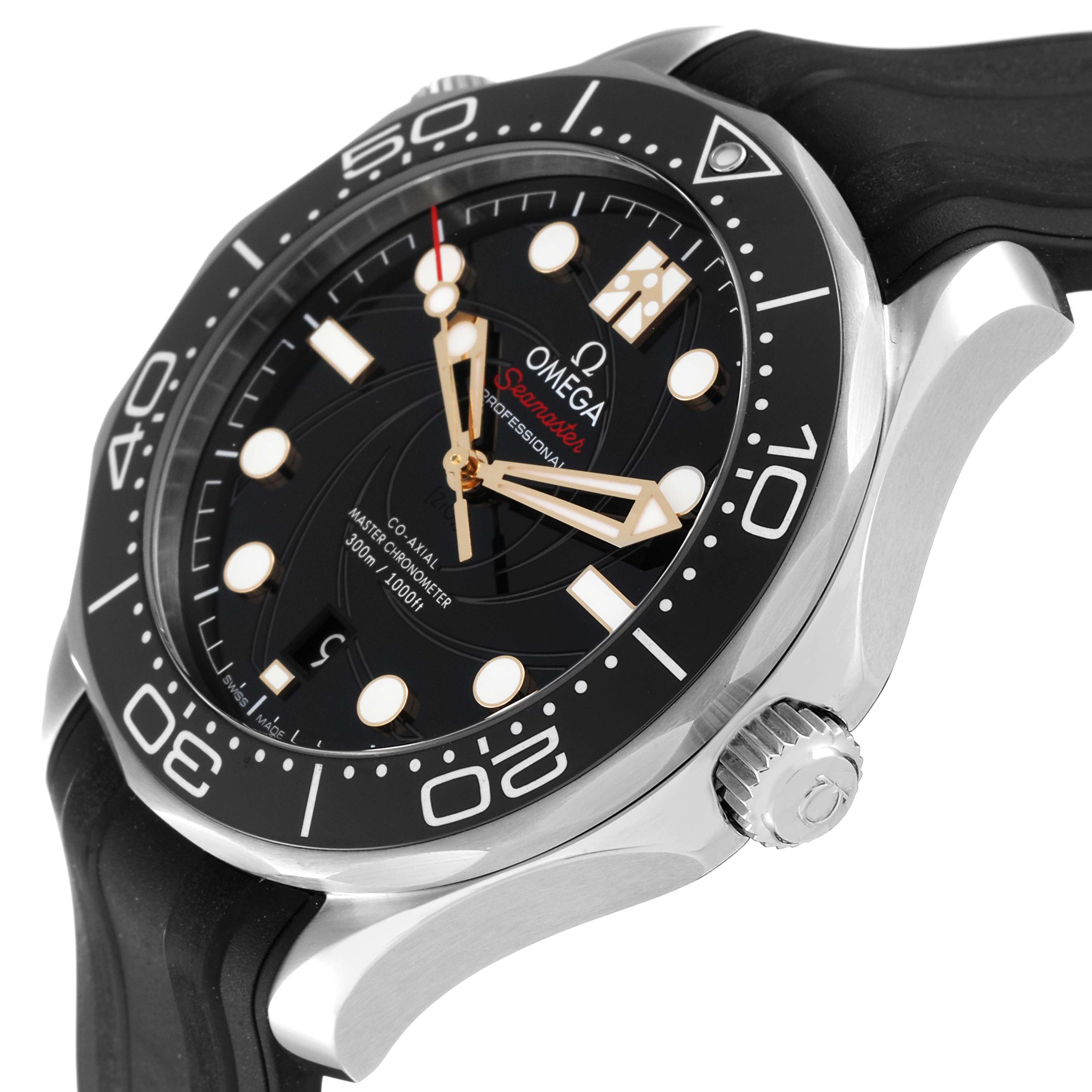 The image shows an Omega Seamaster 210.22.42.20.01.004 Men's Stainless Steel Black Dial 210.22.42.20.01.004 Men's Stainless Steel Black Dial watch from an angled side view, highlighting the bezel, crown, face, and part of the strap.