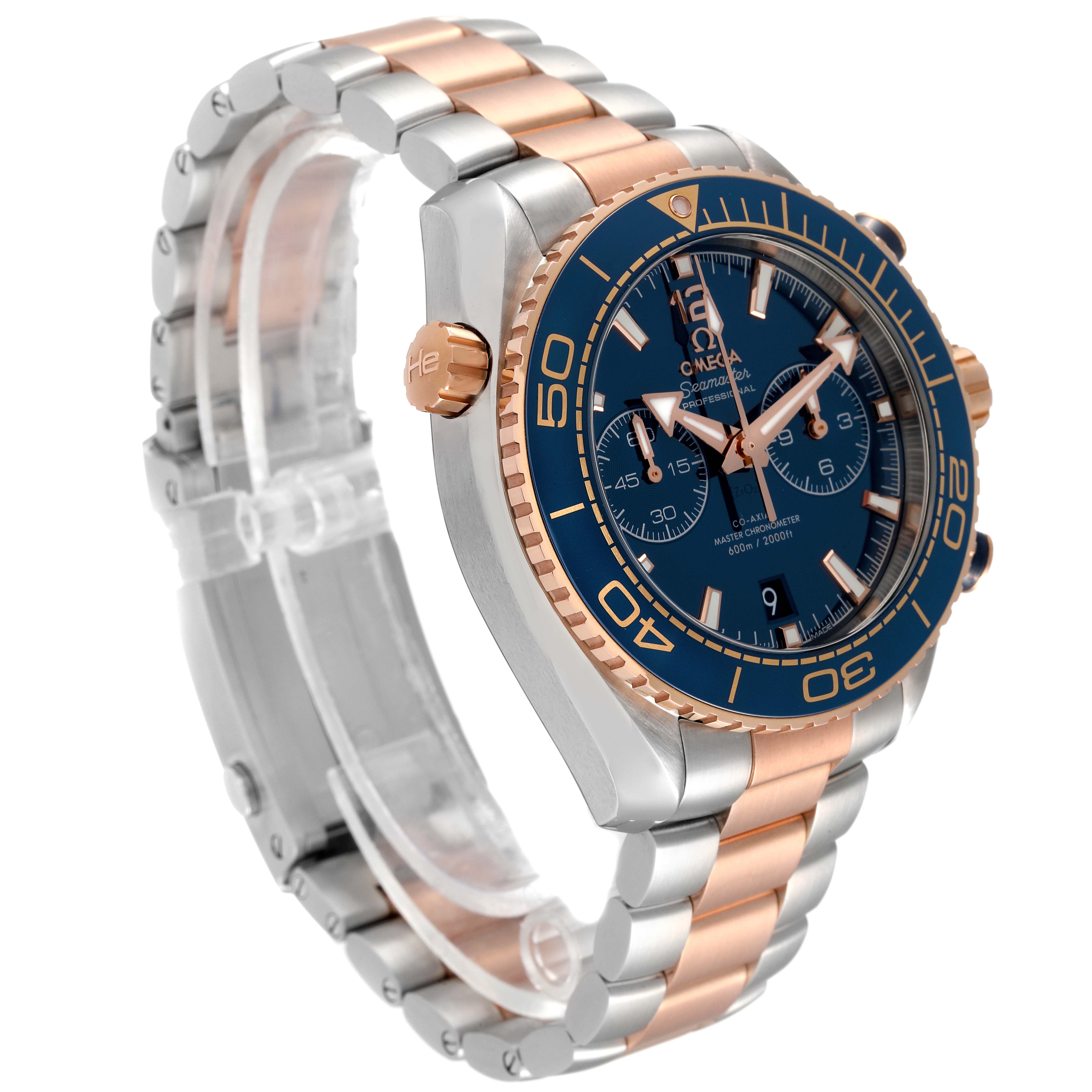 This Omega Planet Ocean 215.20.46.51.03.001 Men's Steel and Gold (two tone) Blue Dial 215.20.46.51.03.001 Men's Steel and Gold (two tone) Blue Dial watch is shown at an angled side view, highlighting the face, bezel, crown, and bracelet.