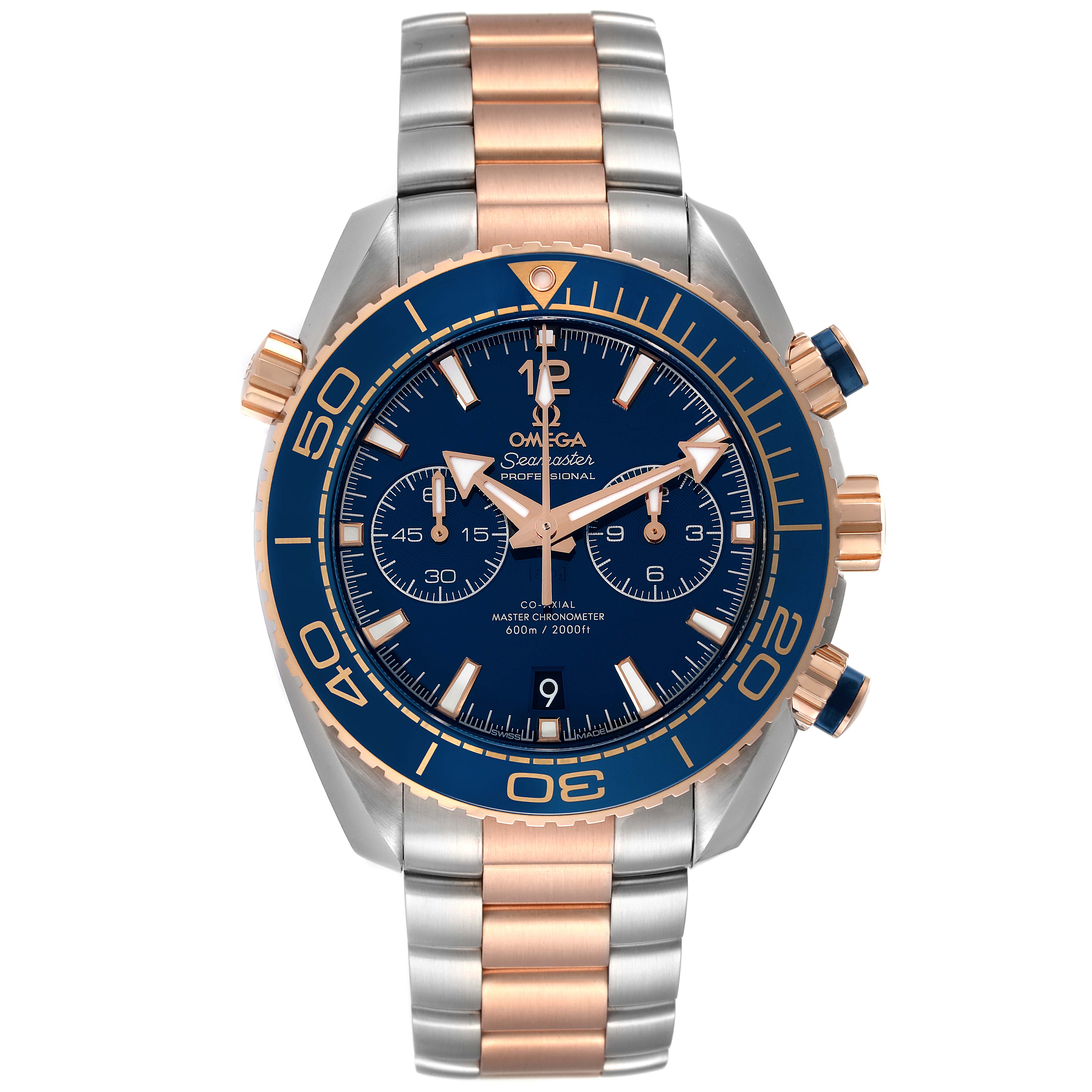 This Omega Planet Ocean 215.20.46.51.03.001 Men's Steel and Gold (two tone) Blue Dial 215.20.46.51.03.001 Men's Steel and Gold (two tone) Blue Dial watch is shown from the front, displaying its dial, bezel, and two-tone bracelet.