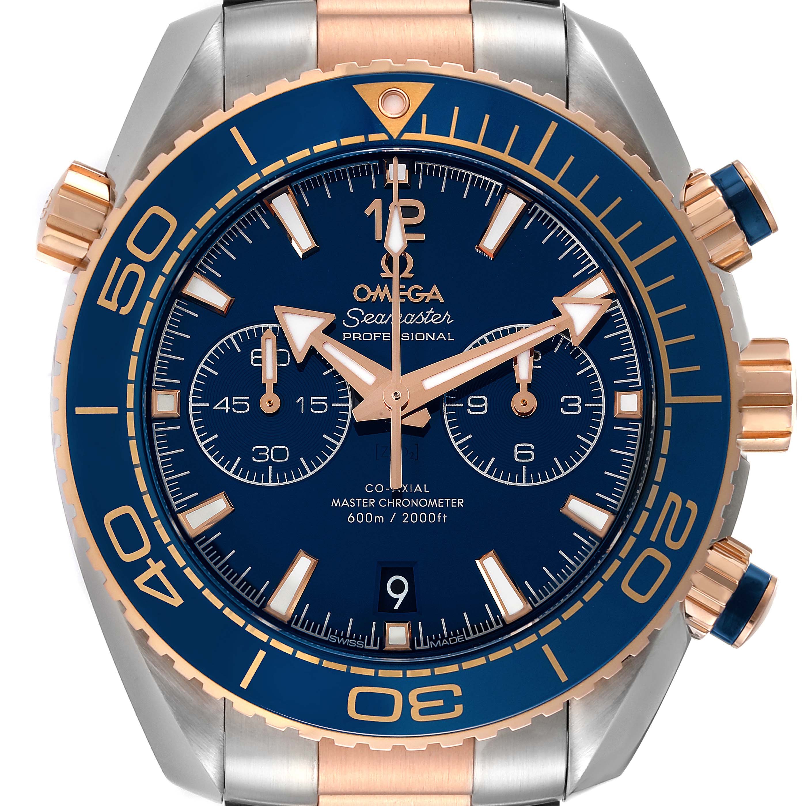This image shows a front view of the Omega Planet Ocean 215.20.46.51.03.001 Men's Steel and Gold (two tone) Blue Dial 215.20.46.51.03.001 Men's Steel and Gold (two tone) Blue Dial Seamaster watch, including the dial, bezel, and crown.