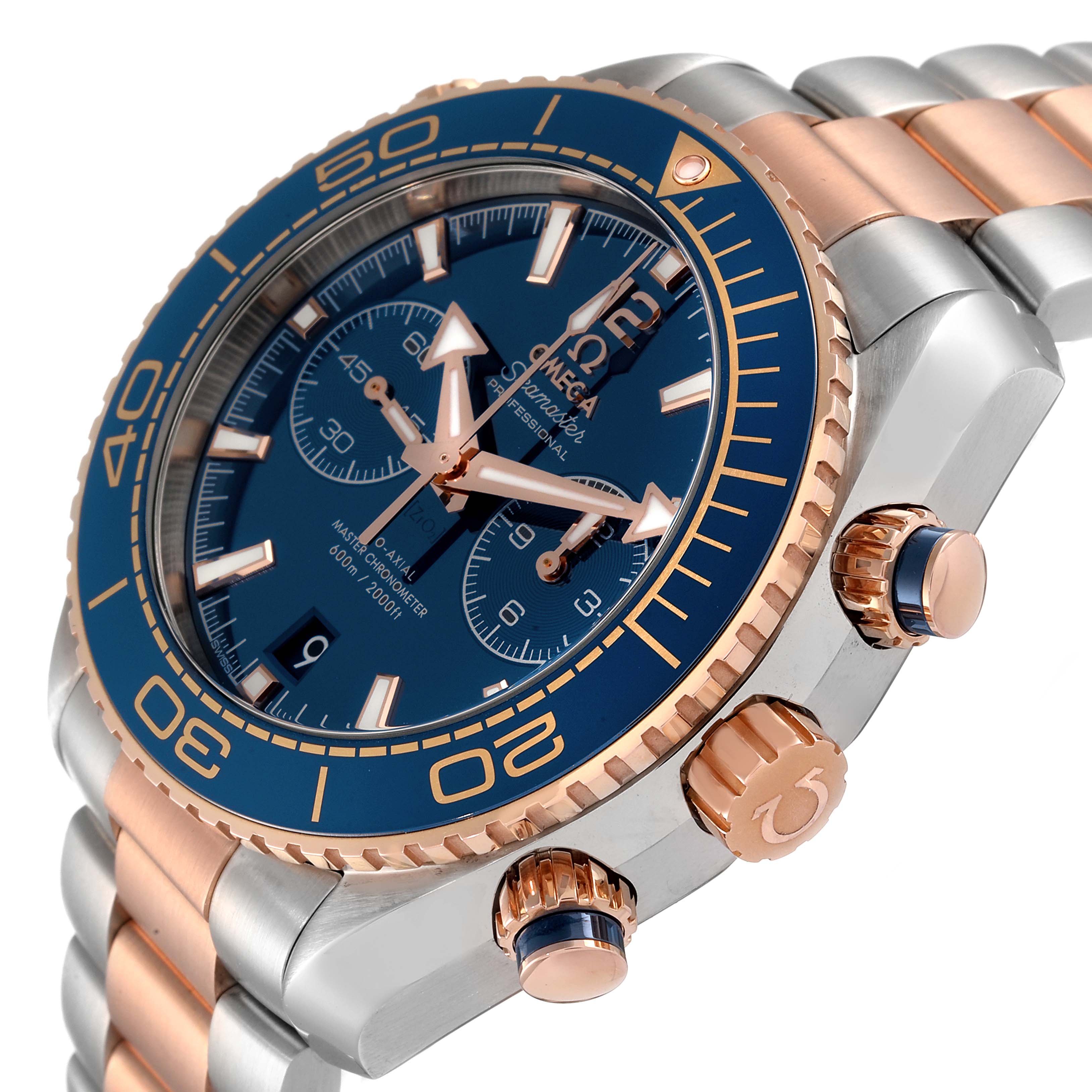 The image shows a close-up, angled view of the Omega Planet Ocean 215.20.46.51.03.001 Men's Steel and Gold (two tone) Blue Dial 215.20.46.51.03.001 Men's Steel and Gold (two tone) Blue Dial watch, highlighting its face, bezel, and crowns.