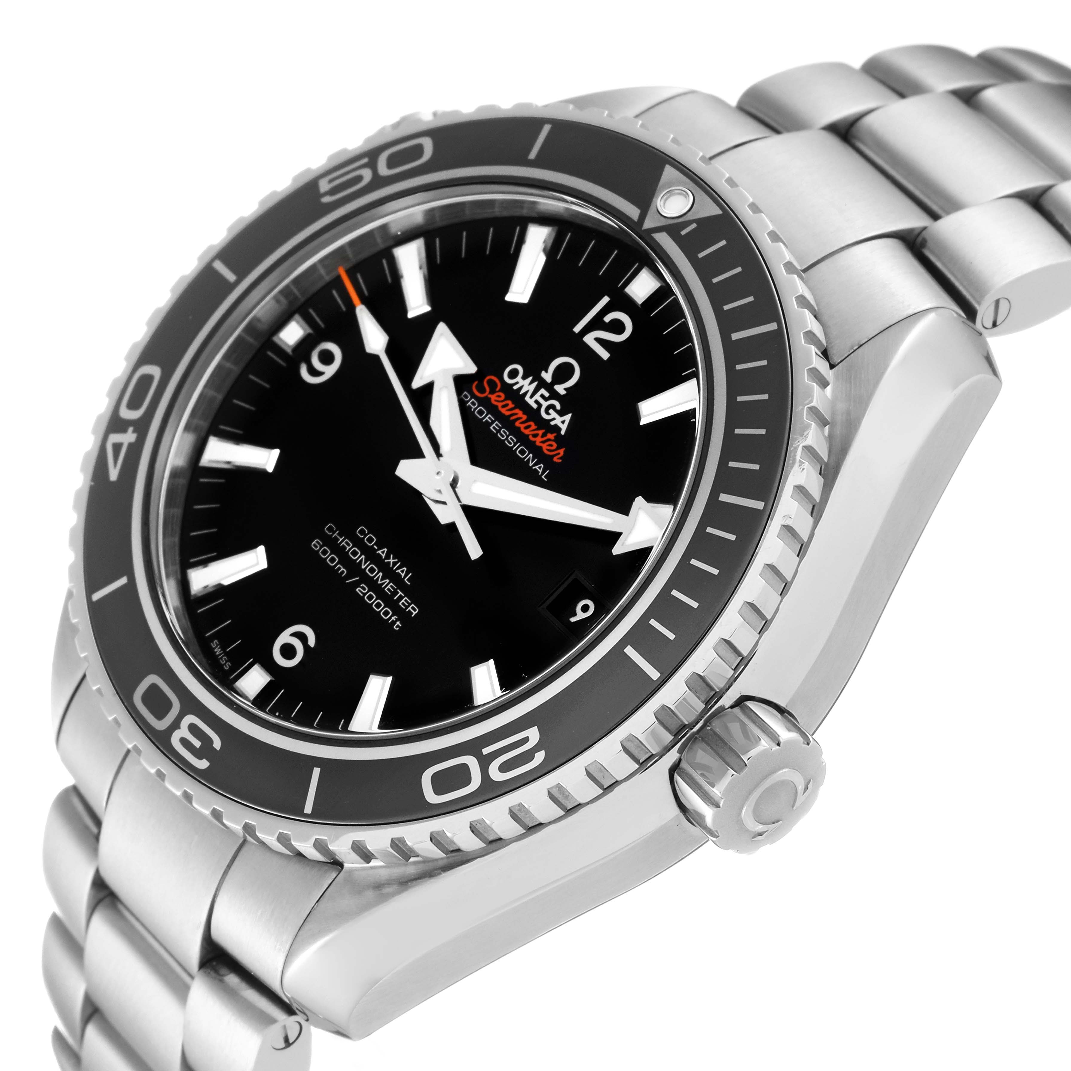 The image shows an angled close-up of the Omega Planet Ocean 232.30.46.21.01.001 Men
s Stainless Steel Black Dial 232.30.46.21.01.001 Men
s Stainless Steel Black Dial watch, highlighting the face, bezel, crown, and part of the bracelet.