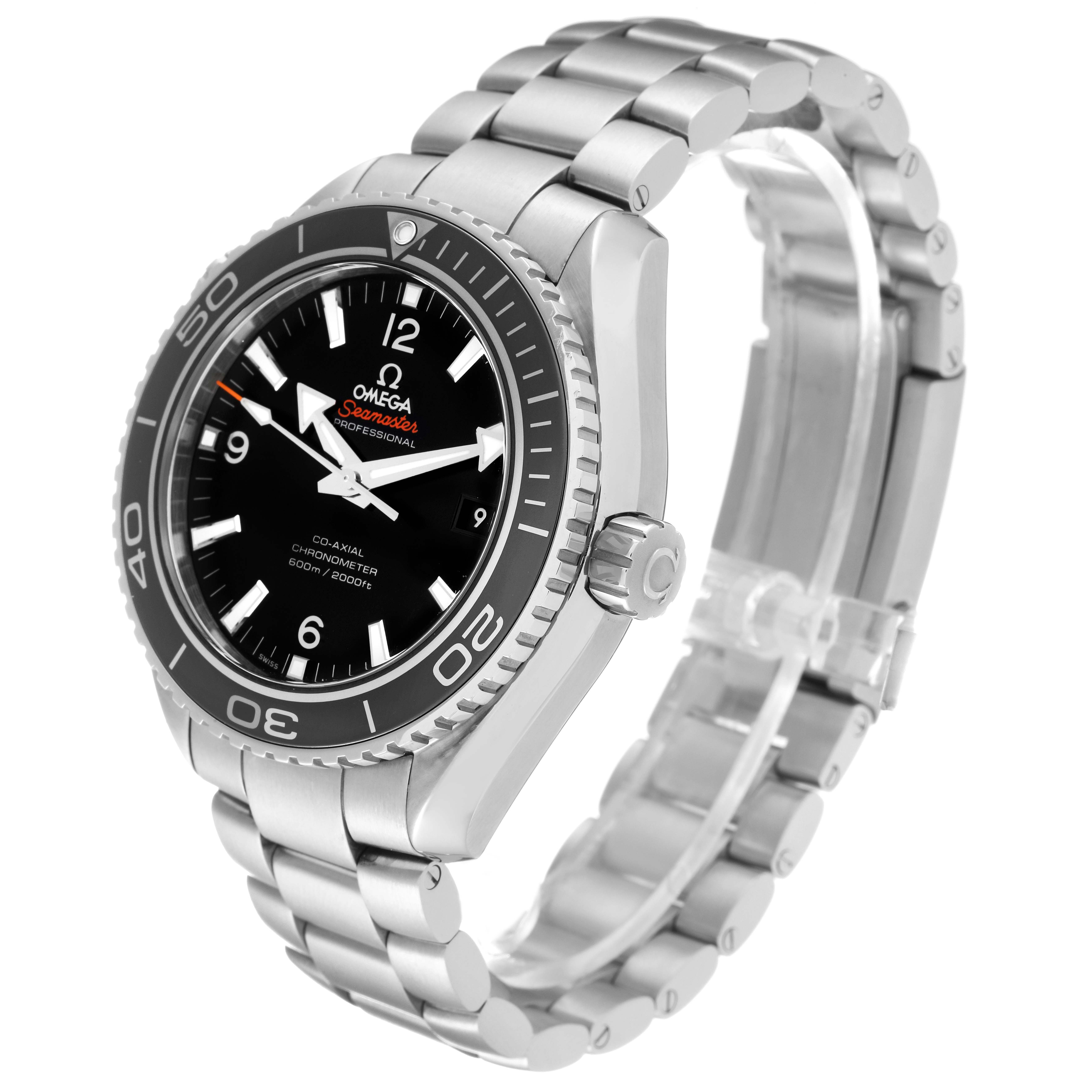 The image shows an Omega Planet Ocean 232.30.46.21.01.001 Men
s Stainless Steel Black Dial 232.30.46.21.01.001 Men
s Stainless Steel Black Dial watch from an angled side view highlighting the dial, bezel, crown, and bracelet.