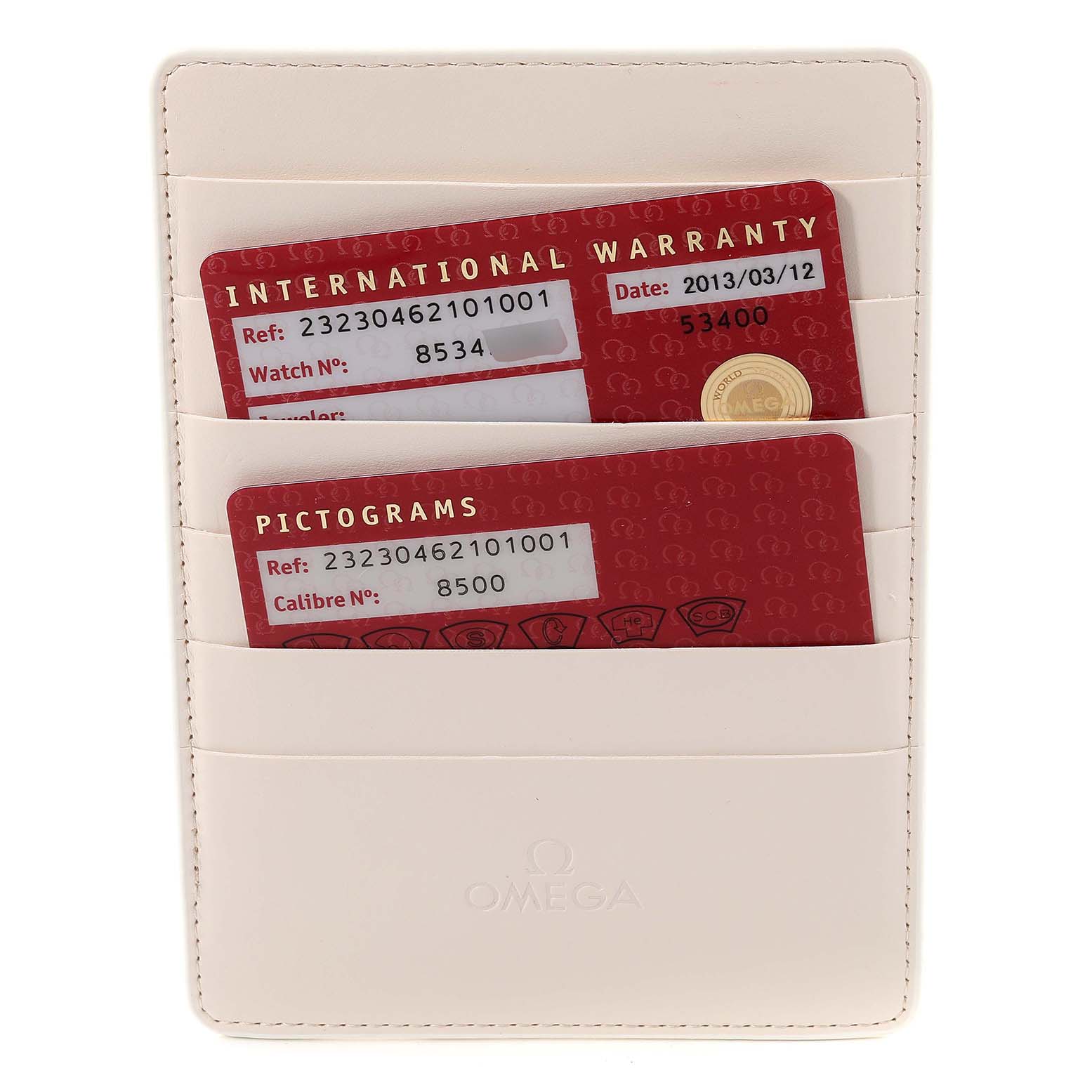 The image shows Omega Planet Ocean 232.30.46.21.01.001 Men
s Stainless Steel Black Dial 232.30.46.21.01.001 Men
s Stainless Steel Black Dial model warranty cards in a white cardholder.