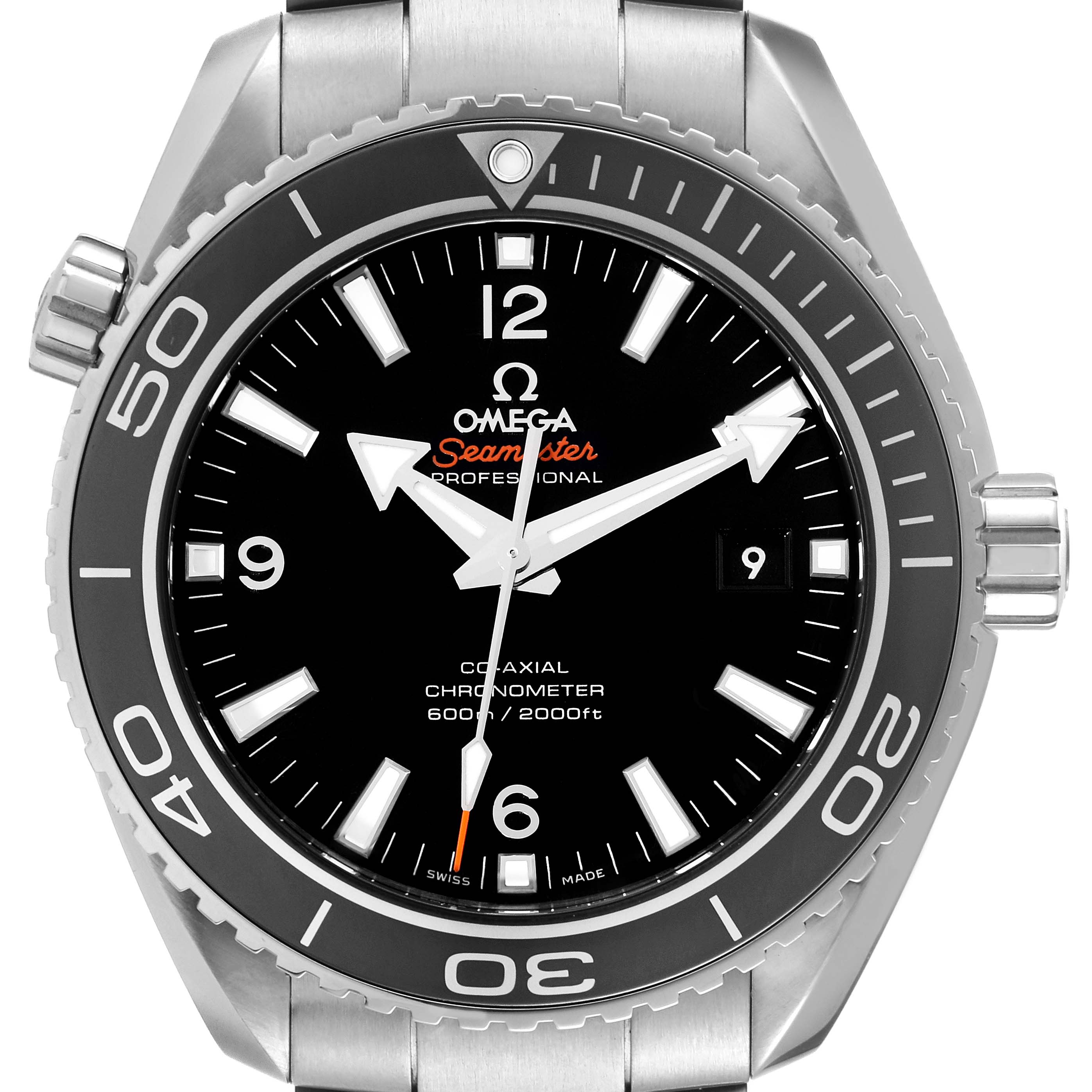 This image shows a front view of an Omega Planet Ocean 232.30.46.21.01.001 Men
s Stainless Steel Black Dial 232.30.46.21.01.001 Men
s Stainless Steel Black Dial watch, highlighting its dial, bezel, crown, and part of the bracelet.