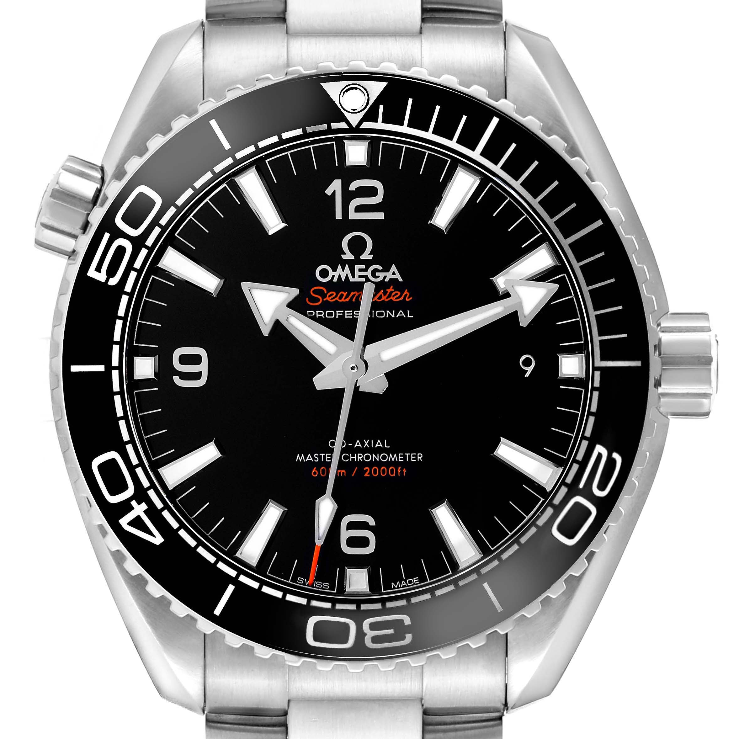 The Omega Planet Ocean model 215.30.44.21.01.001 is shown from a front angle, highlighting the dial, bezel, and part of the stainless steel bracelet.