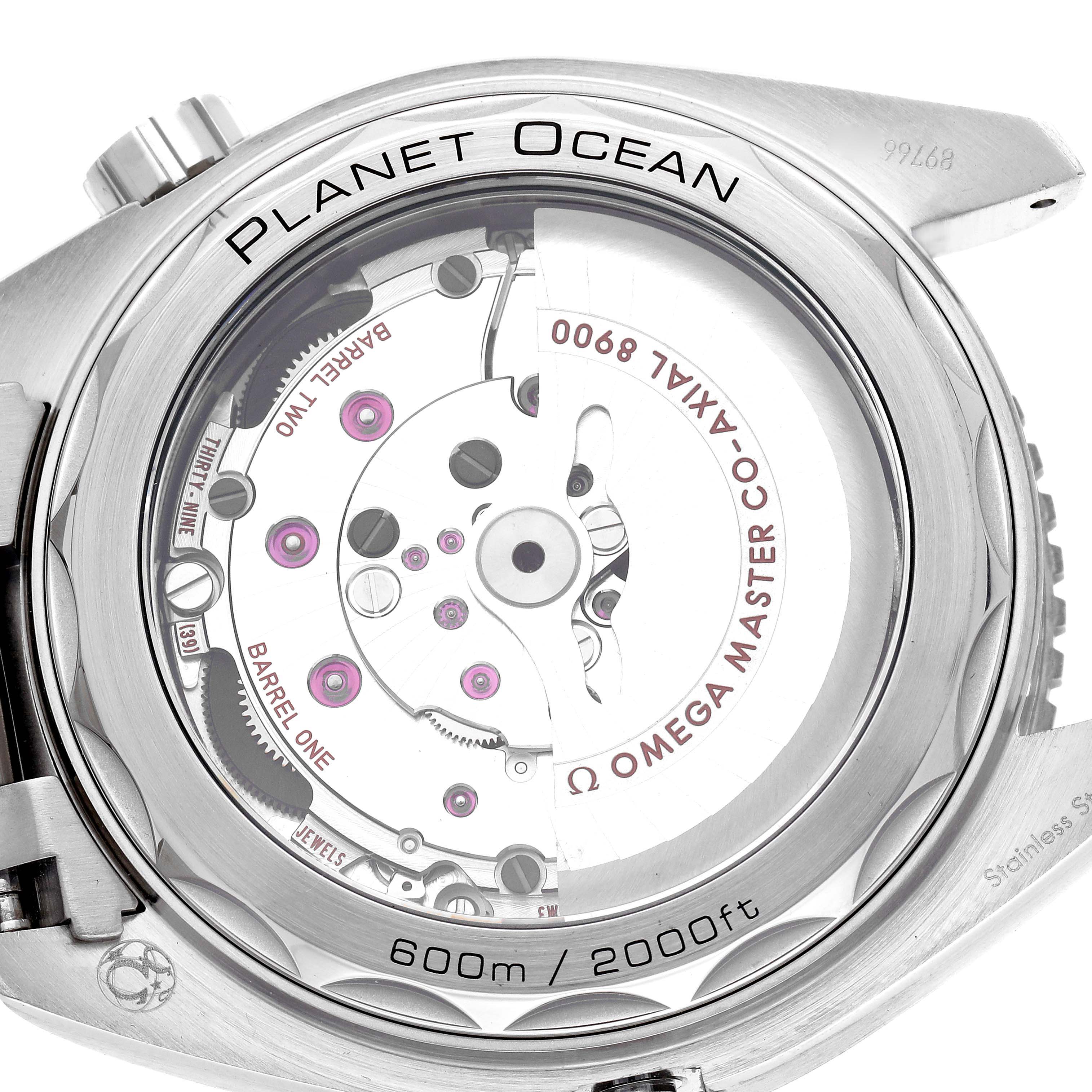 The image shows the back view of the Omega Planet Ocean watch, model 215.30.44.21.01.001, highlighting the movement through a transparent case back.
