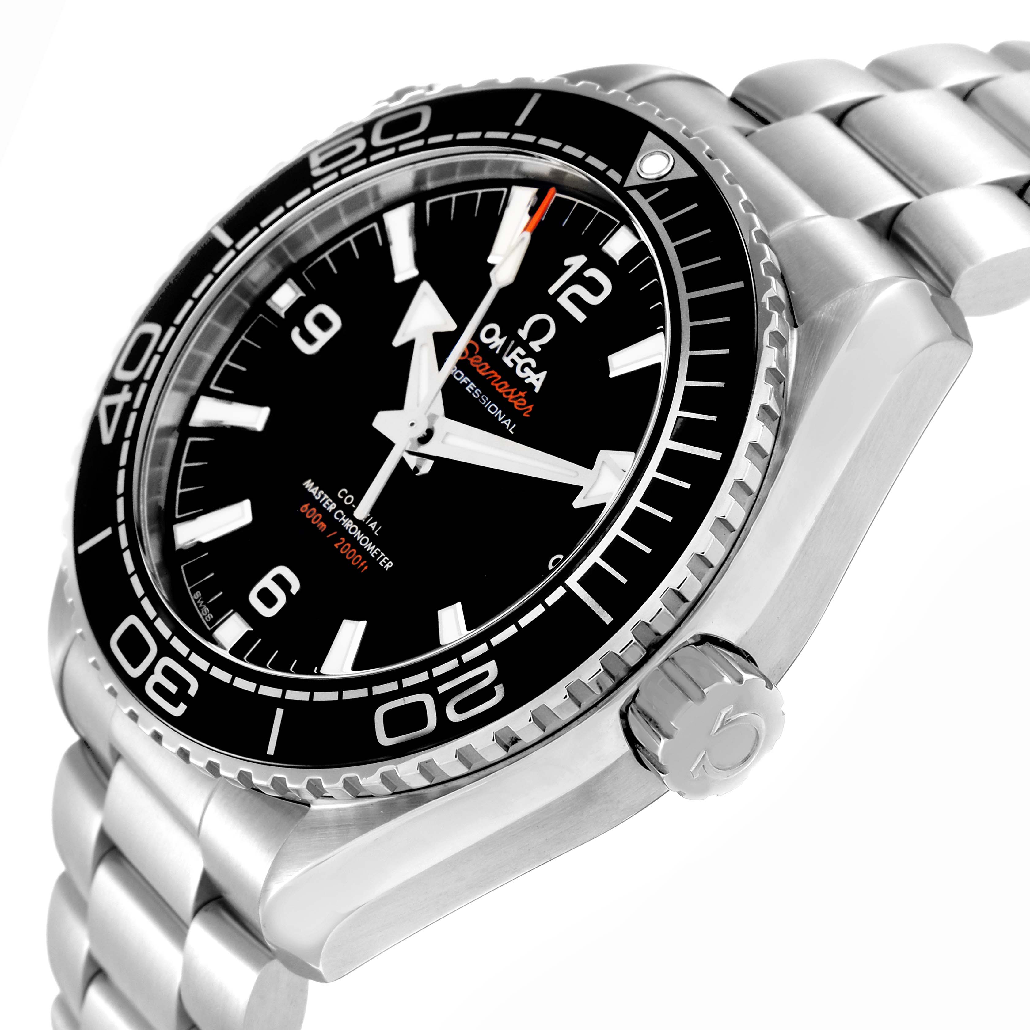 The Omega Planet Ocean model 215.30.44.21.01.001 is shown at a slight angle, highlighting the bezel, dial, crown, and part of the bracelet.