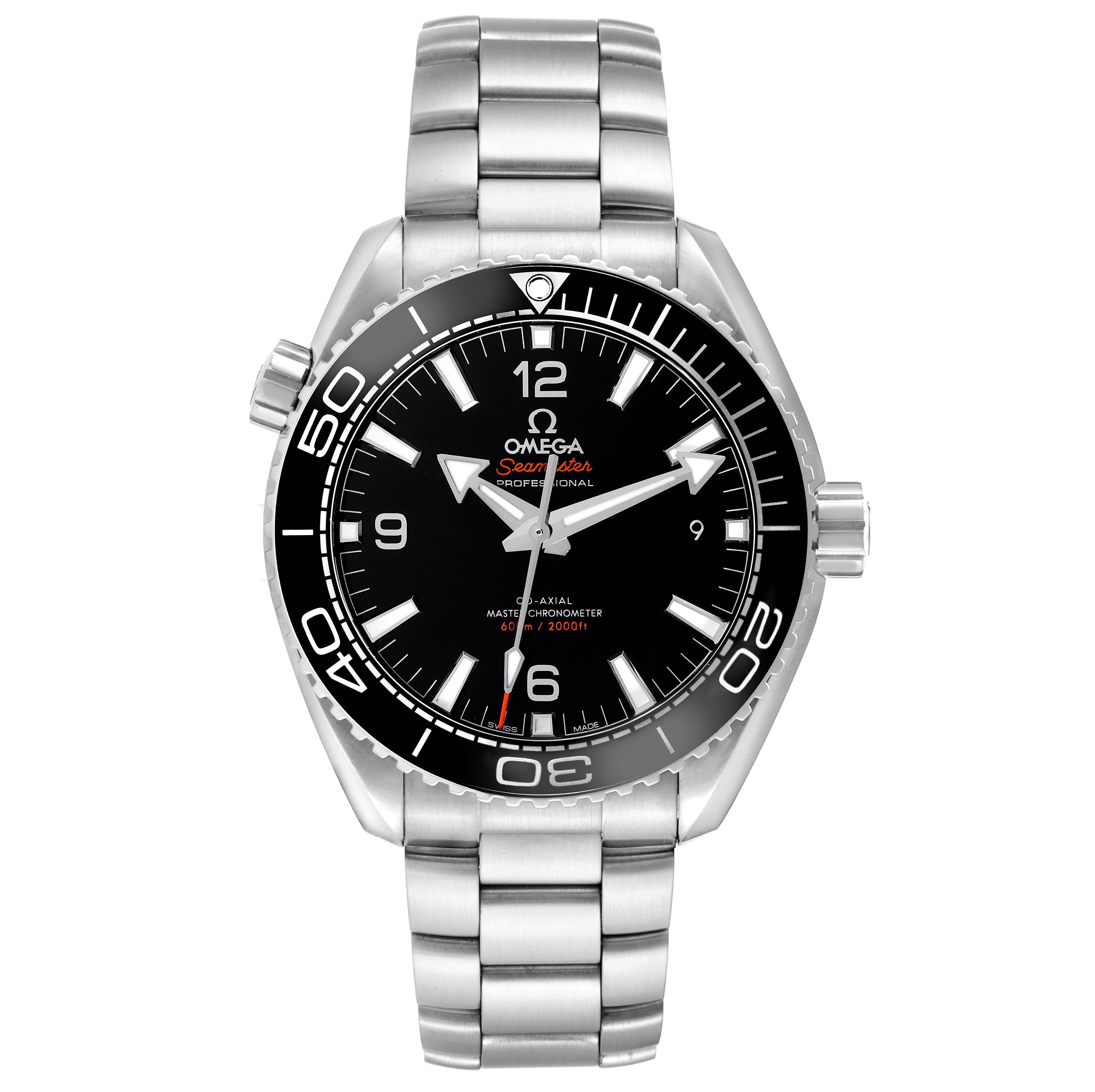 The Omega Planet Ocean model 215.30.44.21.01.001 is shown from a frontal angle, highlighting the dial, bezel, and bracelet.