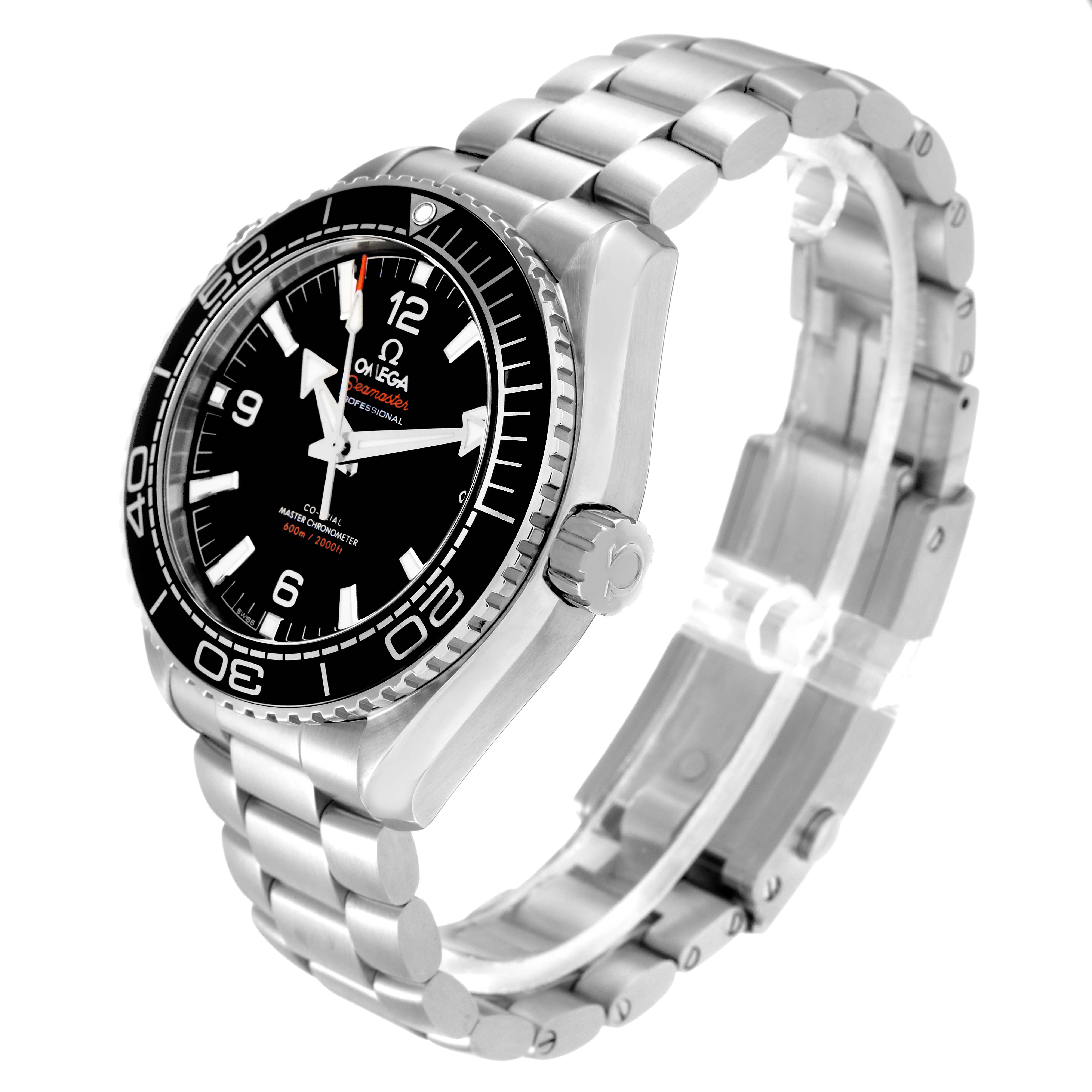 The Omega Planet Ocean model 215.30.44.21.01.001 is shown at a three-quarter angle, displaying its stainless steel bracelet, bezel, and crown.
