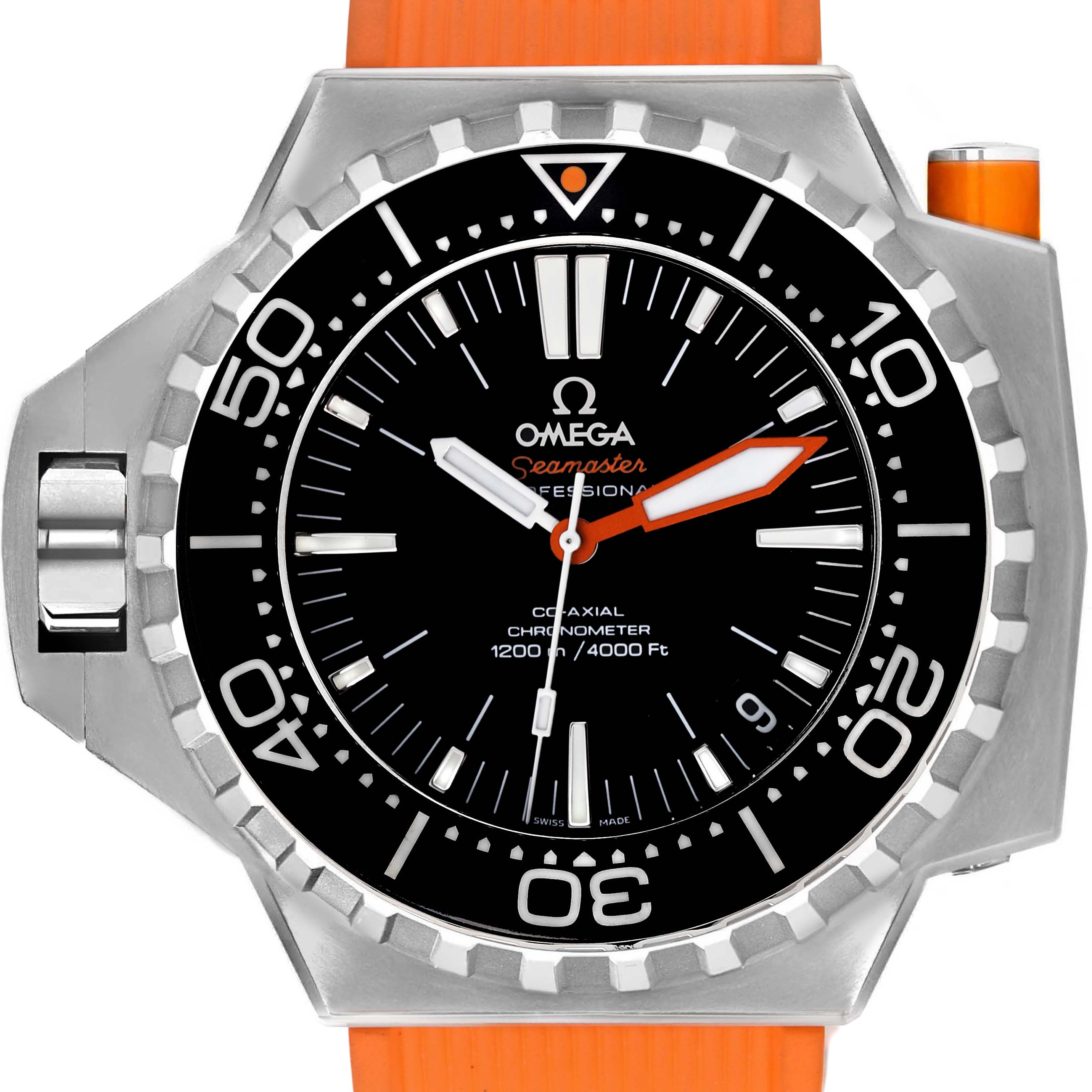 The image shows a front view of the Omega Ploprof 224.32.55.21.01.001 Men's Stainless Steel Black Dial 224.32.55.21.01.001 Men's Stainless Steel Black Dial Seamaster watch, highlighting its face, bezel, and orange strap.