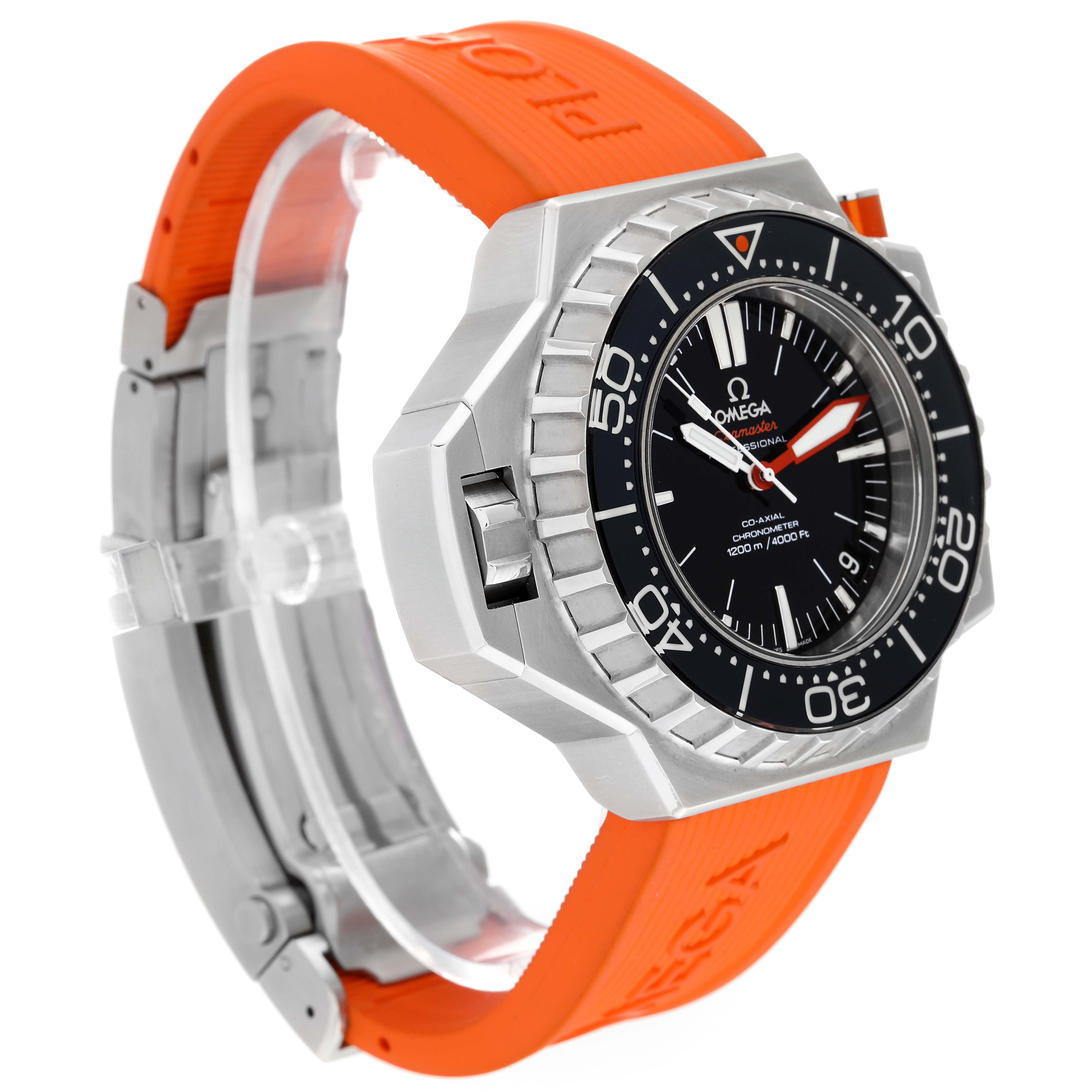 The Omega Ploprof 224.32.55.21.01.001 Men's Stainless Steel Black Dial 224.32.55.21.01.001 Men's Stainless Steel Black Dial model watch is shown from an angled side view, highlighting its bezel, dial, and orange strap.