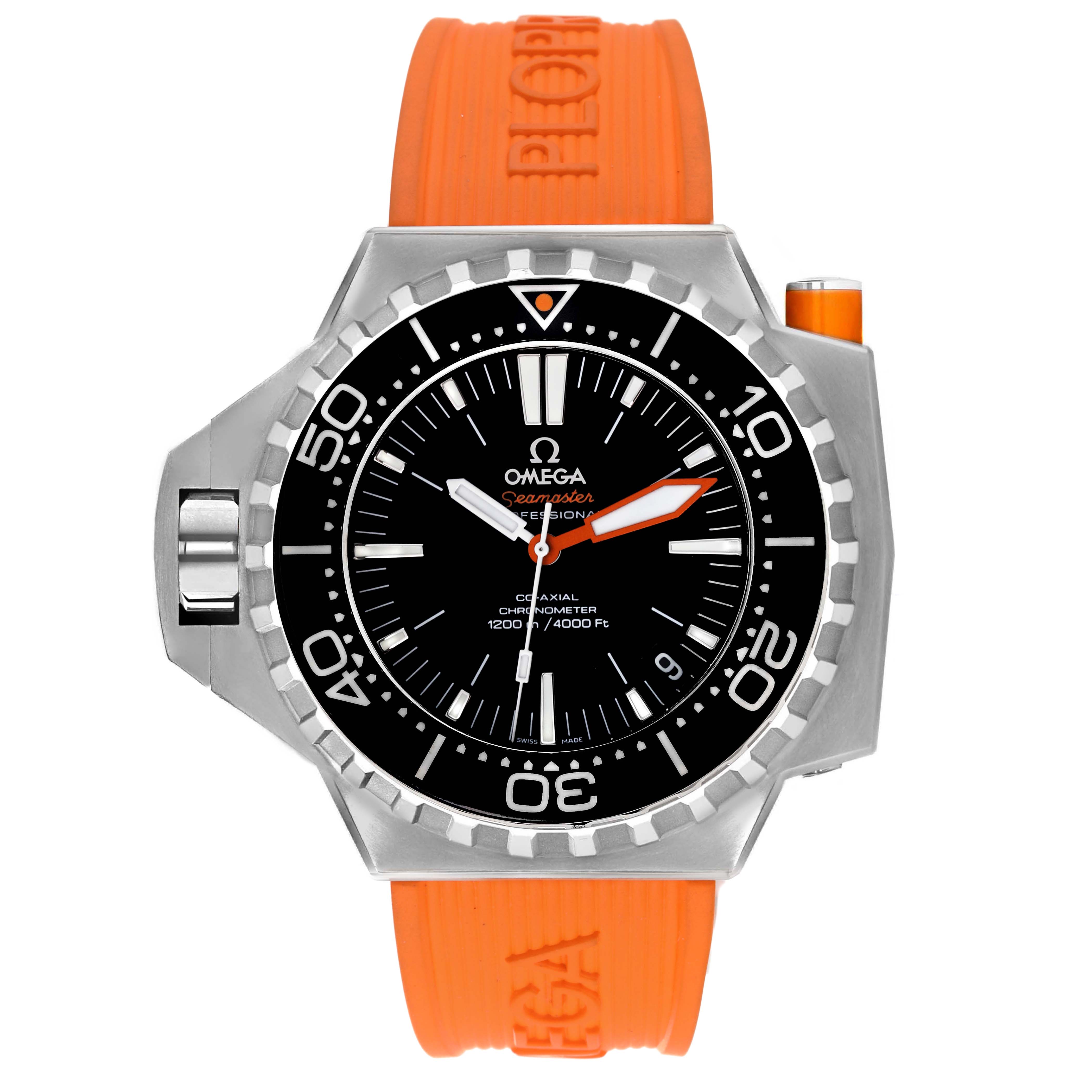 The image shows a front view of an Omega Ploprof 224.32.55.21.01.001 Men's Stainless Steel Black Dial 224.32.55.21.01.001 Men's Stainless Steel Black Dial watch with an orange strap.