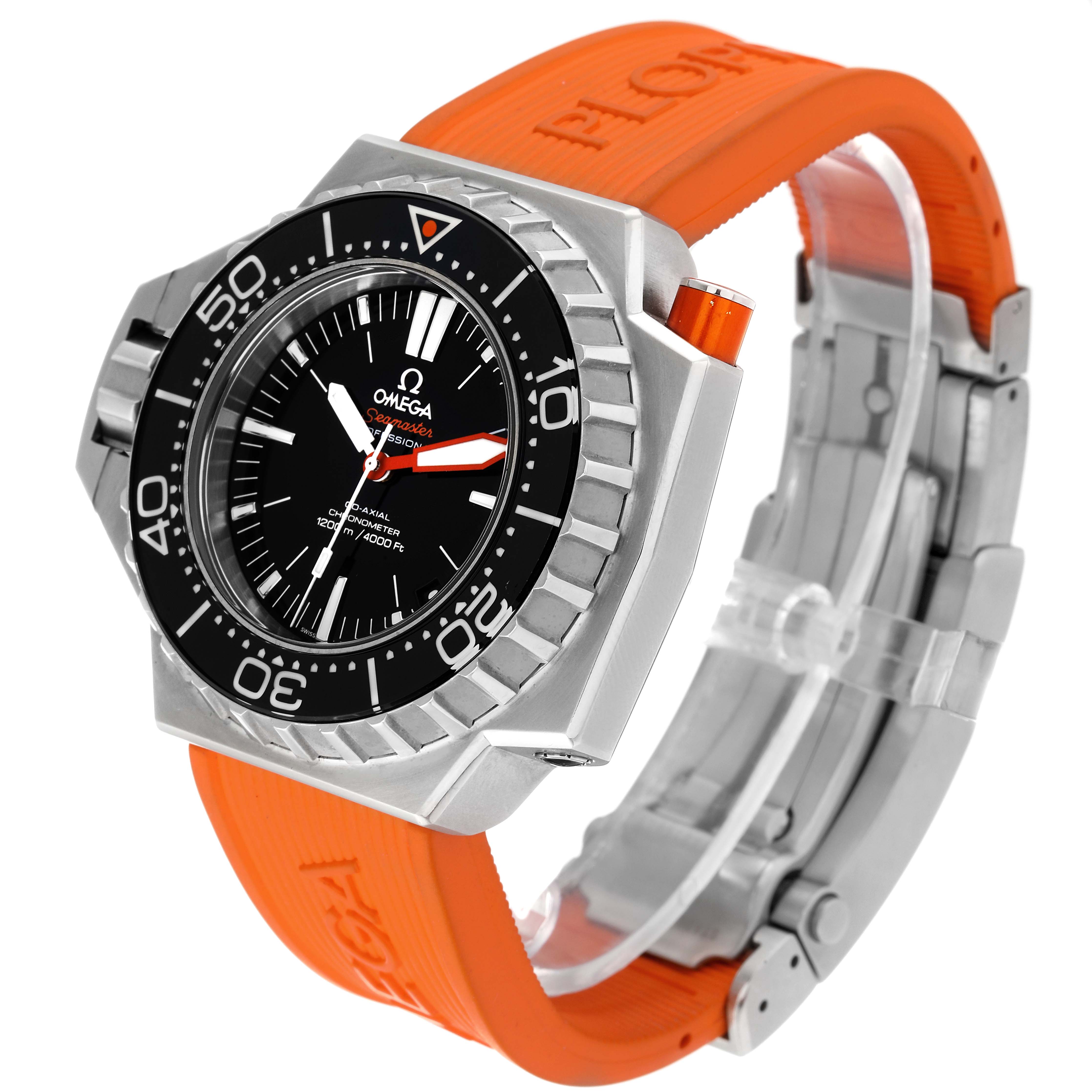 The Omega Ploprof 224.32.55.21.01.001 Men's Stainless Steel Black Dial 224.32.55.21.01.001 Men's Stainless Steel Black Dial watch is shown at an angled view, highlighting its face, bezel, orange band, and clasp.