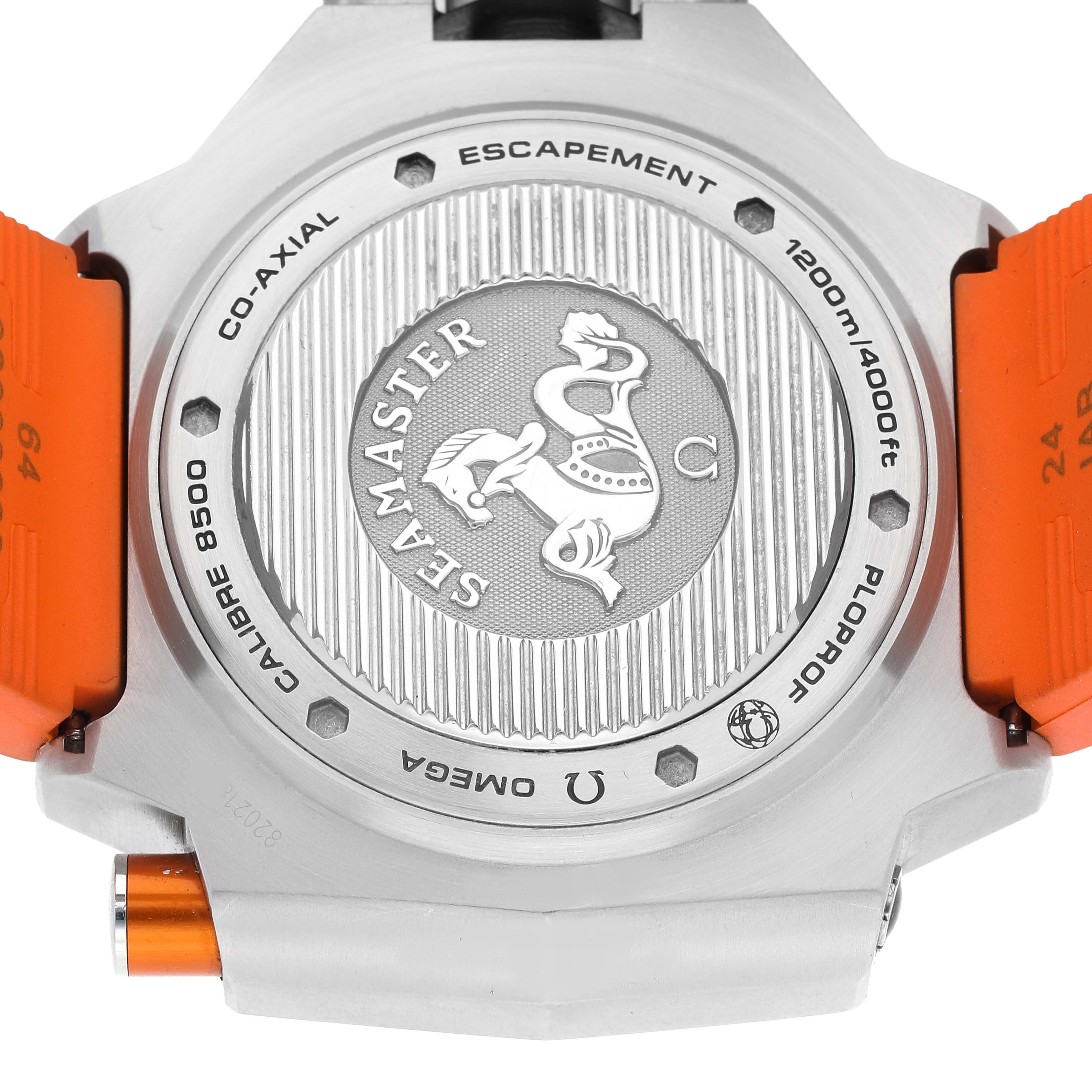 This image shows the back case of the Omega Ploprof 224.32.55.21.01.001 Men's Stainless Steel Black Dial 224.32.55.21.01.001 Men's Stainless Steel Black Dial model watch, highlighting the branding and the orange band.