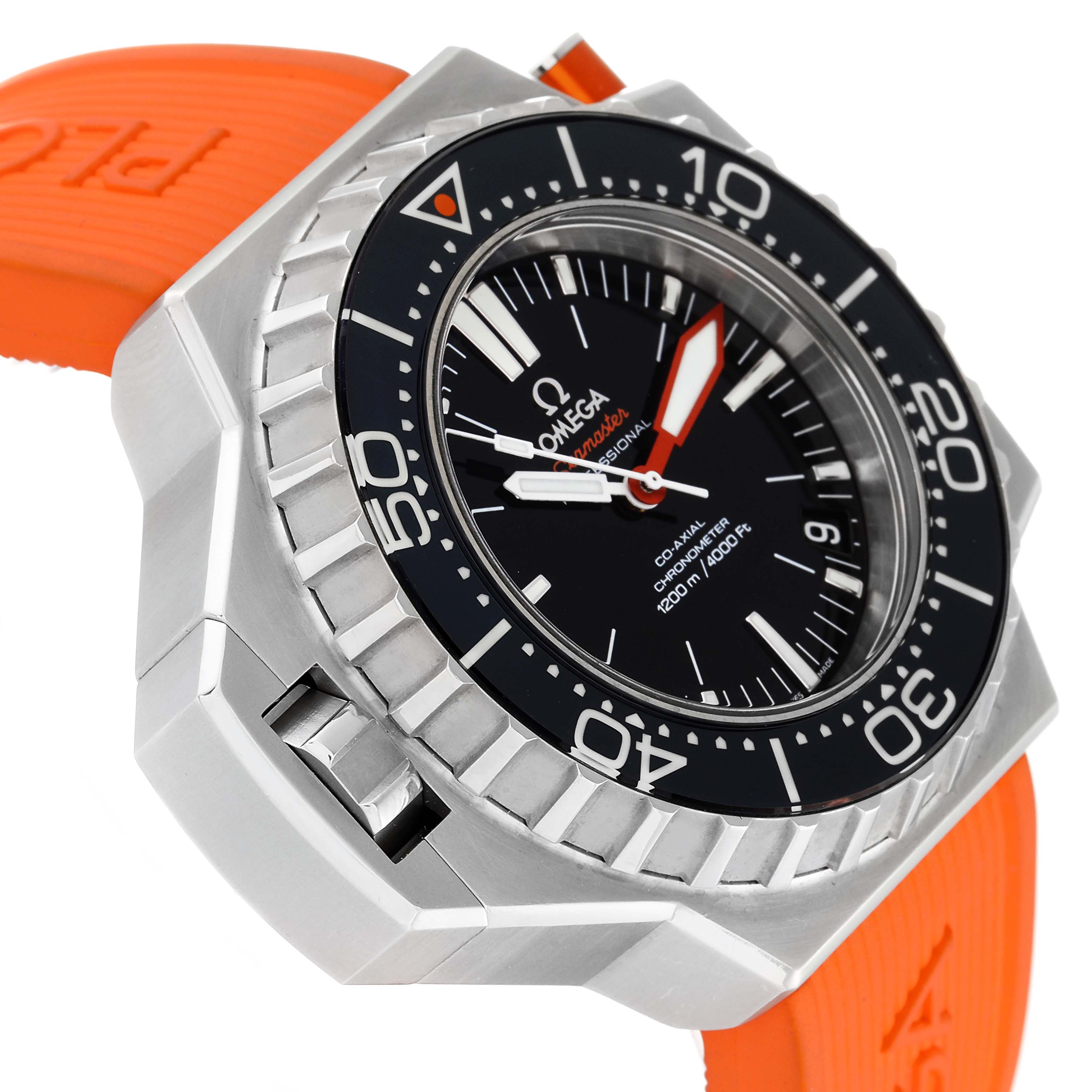 The image shows an angled view of the Omega Ploprof 224.32.55.21.01.001 Men's Stainless Steel Black Dial 224.32.55.21.01.001 Men's Stainless Steel Black Dial watch, highlighting the dial, bezel, case, and orange band.
