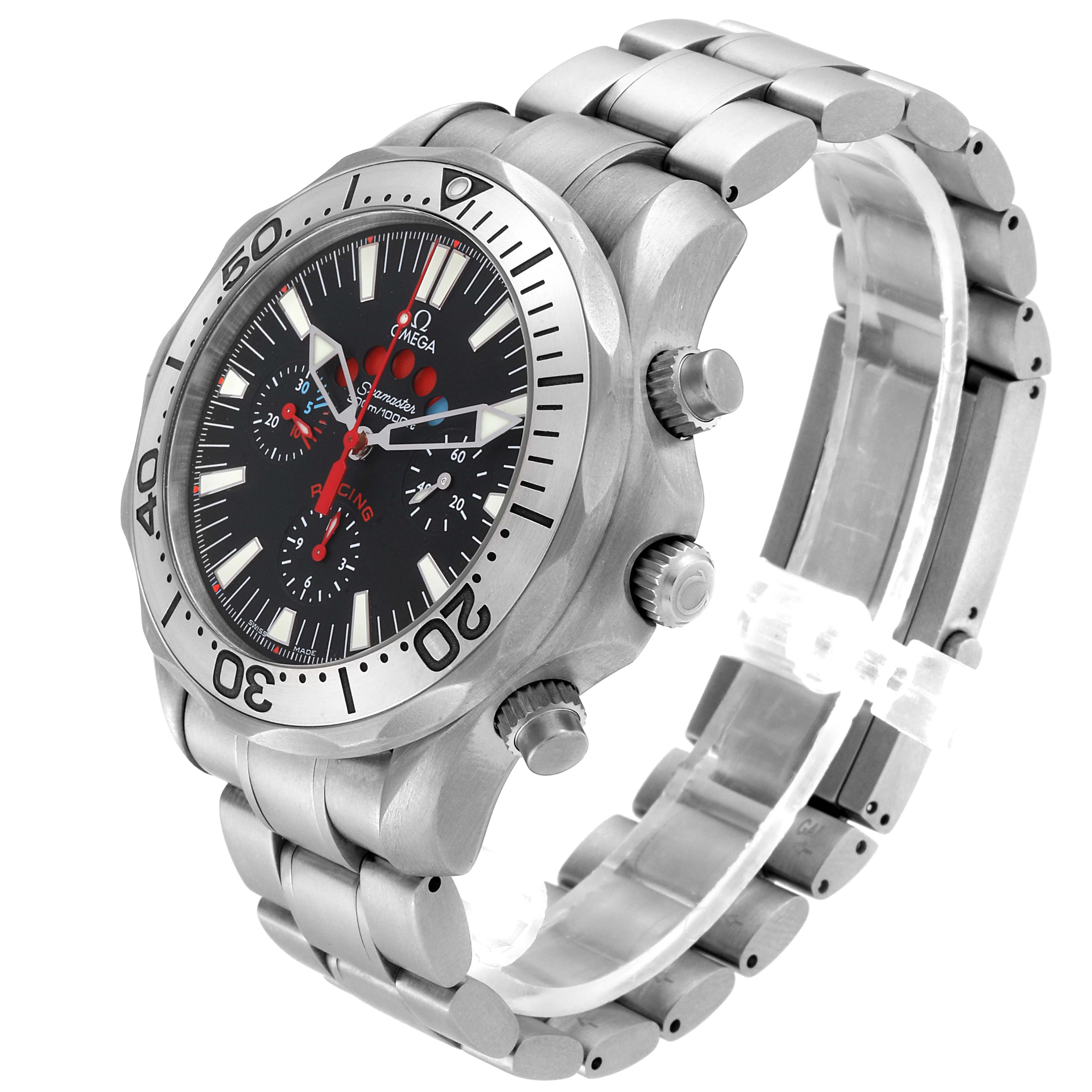 The Omega Seamaster 2269.52.00 Men's Titanium Black Dial 2269.52.00 Men's Titanium Black Dial watch is shown at a three-quarter angle, displaying its face, bezel, crown, and bracelet.