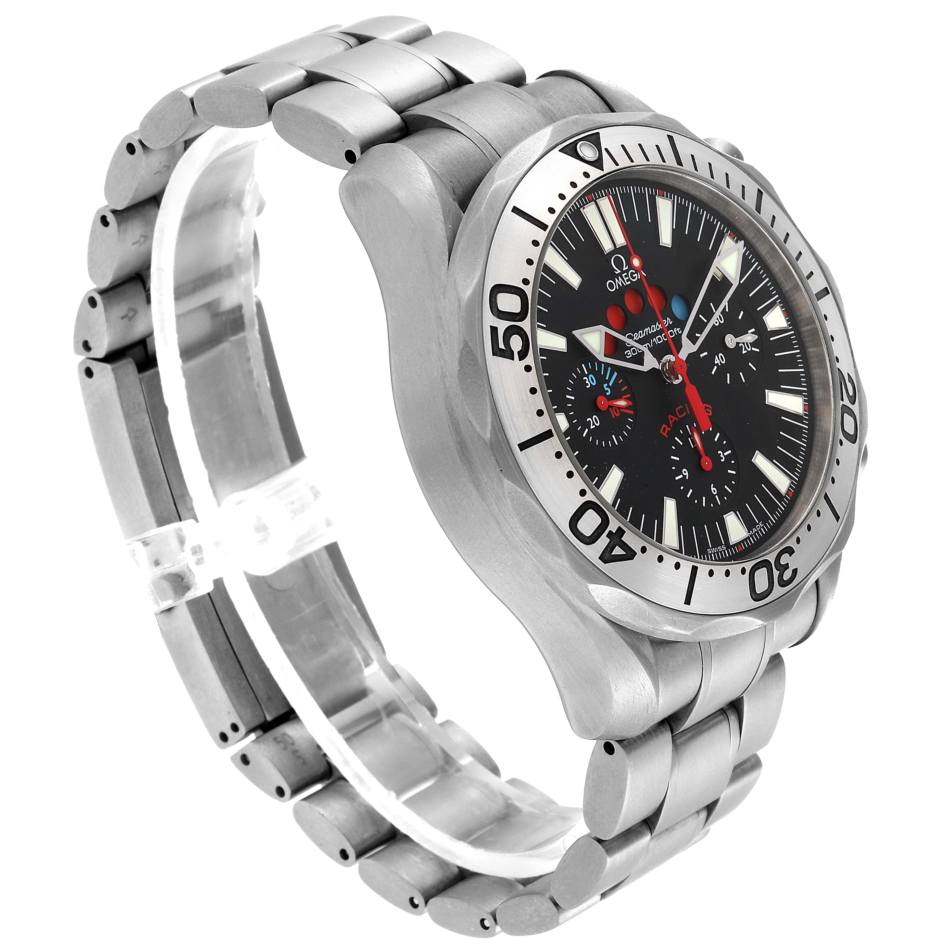 The image shows a side view of the Omega Seamaster 2269.52.00 Men's Titanium Black Dial 2269.52.00 Men's Titanium Black Dial watch, highlighting its bracelet, bezel, and dial.