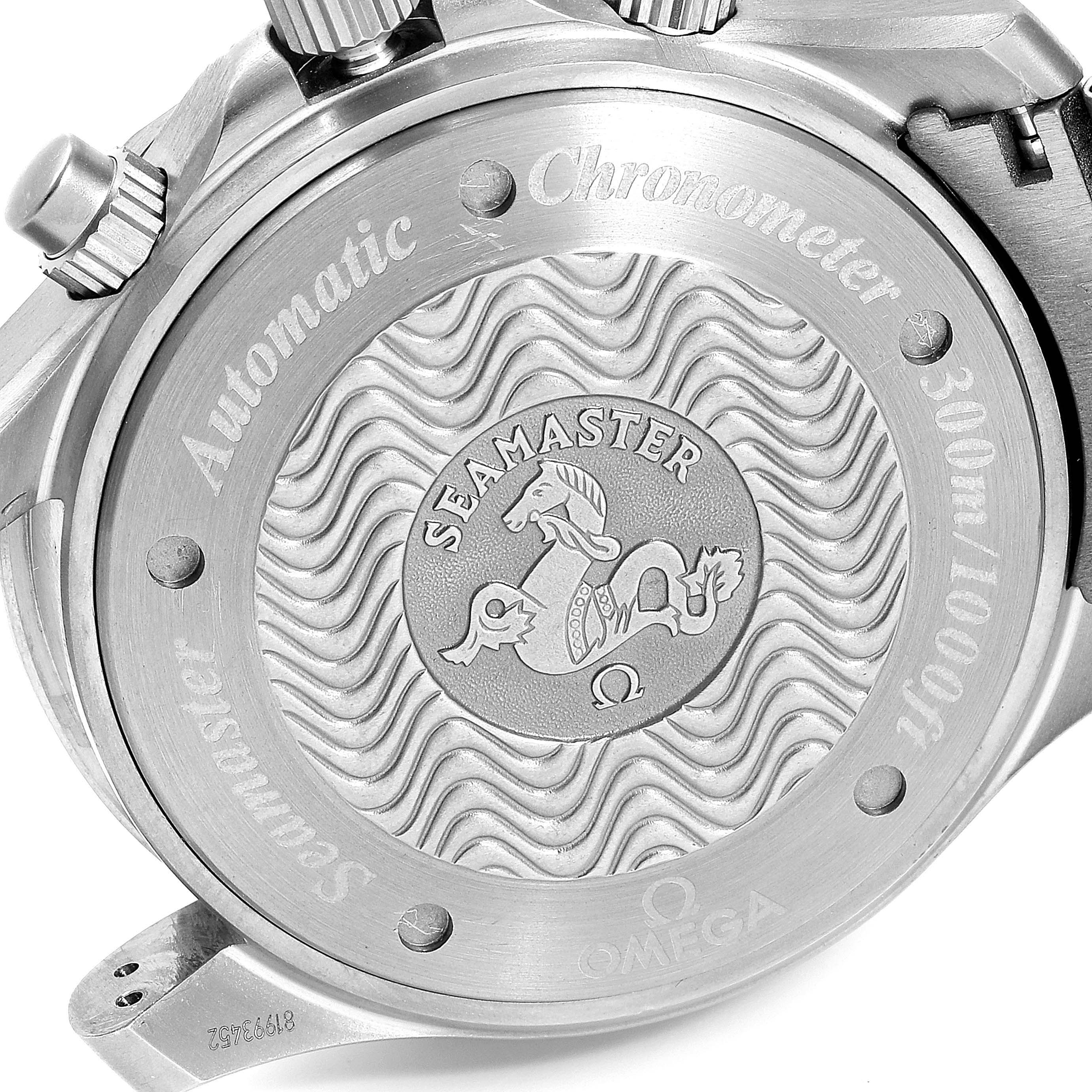 The image shows the back case of an Omega Seamaster 2269.52.00 Men's Titanium Black Dial 2269.52.00 Men's Titanium Black Dial watch, highlighting its engraved details and logo.