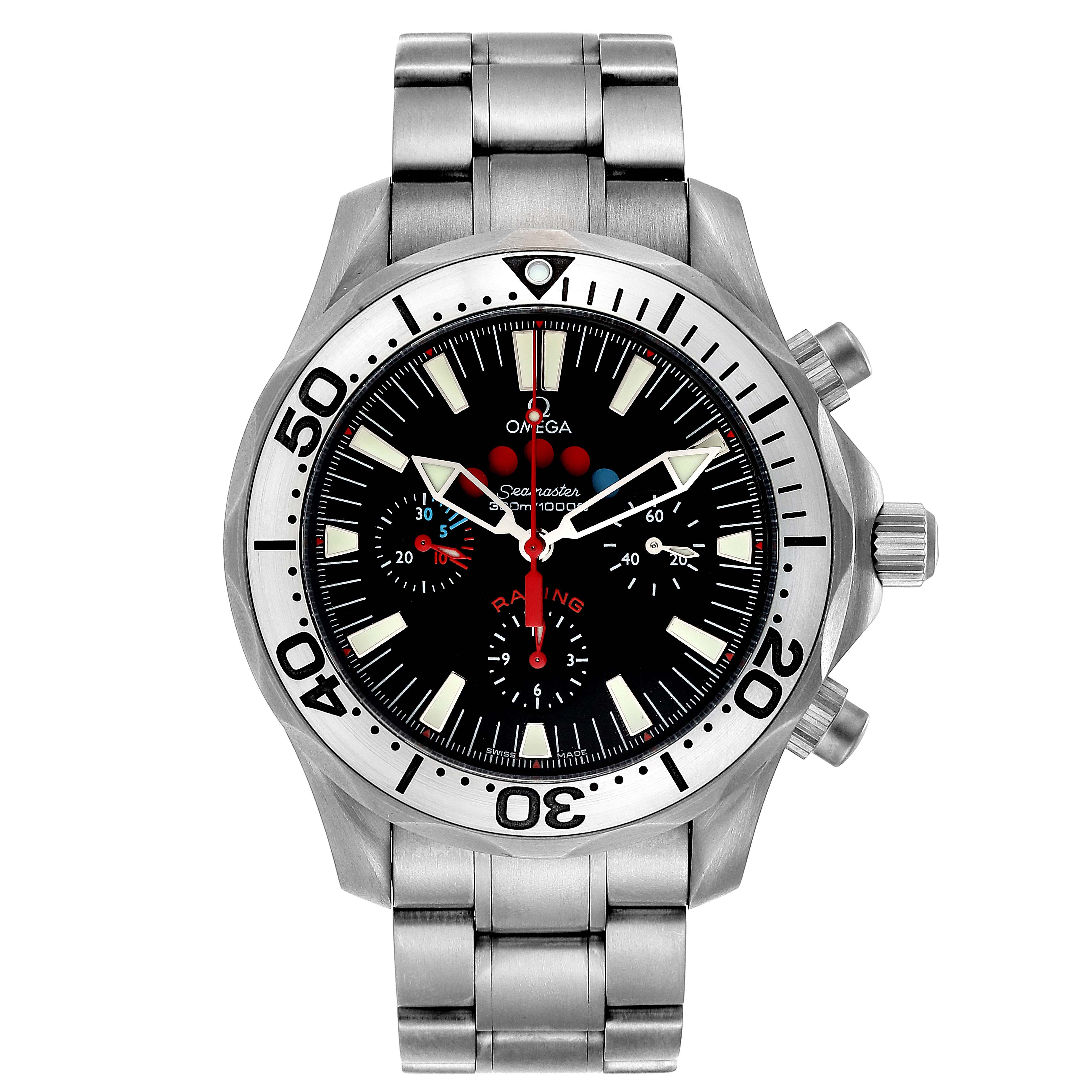 The image shows a frontal view of the Omega Seamaster 2269.52.00 Men's Titanium Black Dial 2269.52.00 Men's Titanium Black Dial watch, displaying its bezel, dial, hands, and stainless steel bracelet.