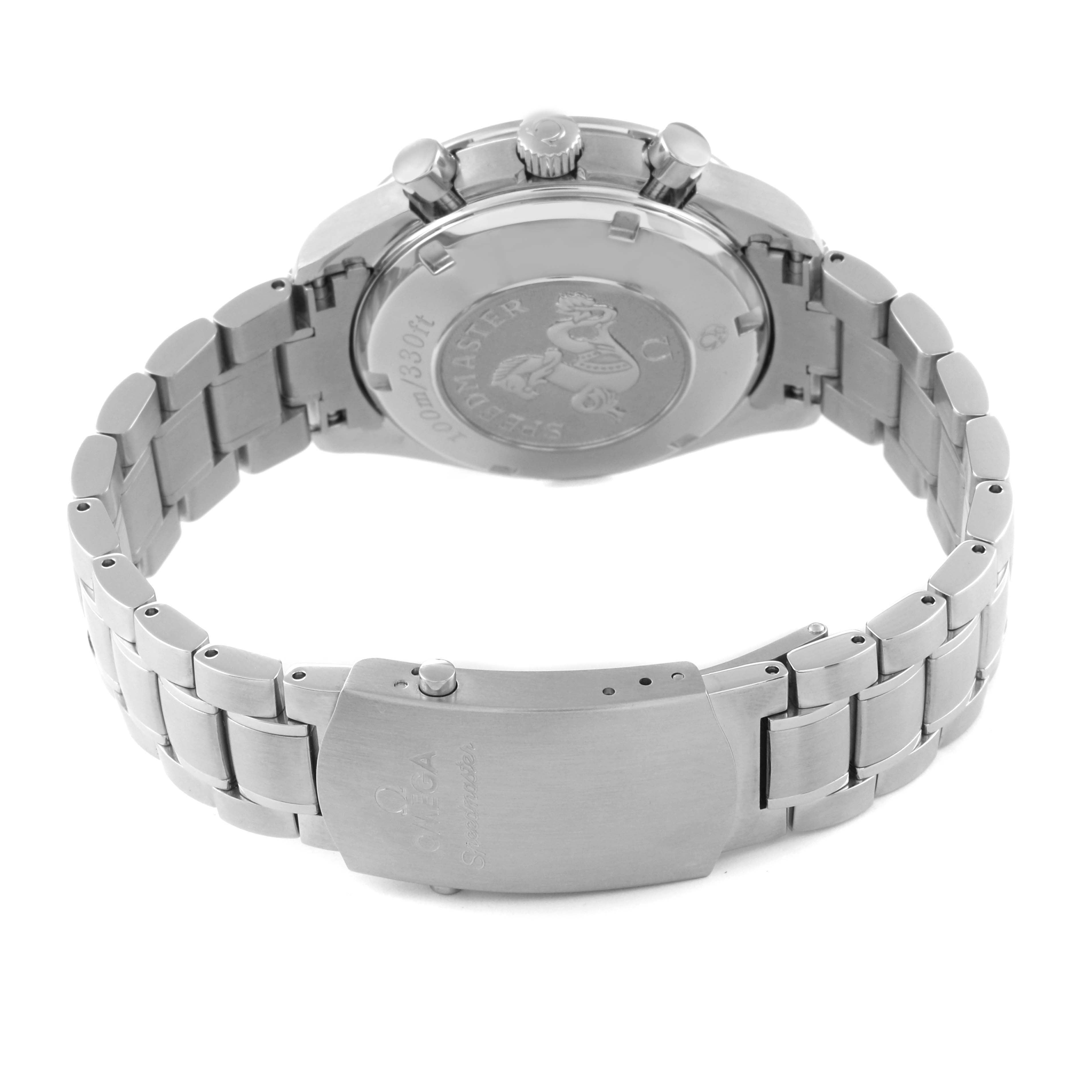 The Omega Speedmaster 3210.52.00 Men
s Stainless Steel Black Dial 3210.52.00 Men
s Stainless Steel Black Dial watch is shown from the back, displaying the case back, bracelet, and clasp.